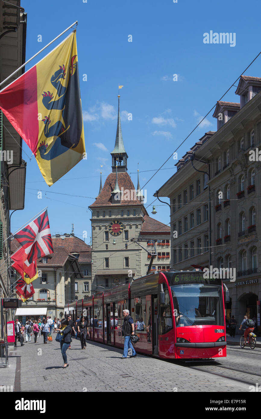 Bern, Berne, Kramgasse, Switzerland, Europe, architecture, city, downtown, famous, flags, old town, red, roofs, skyline, street, Stock Photo