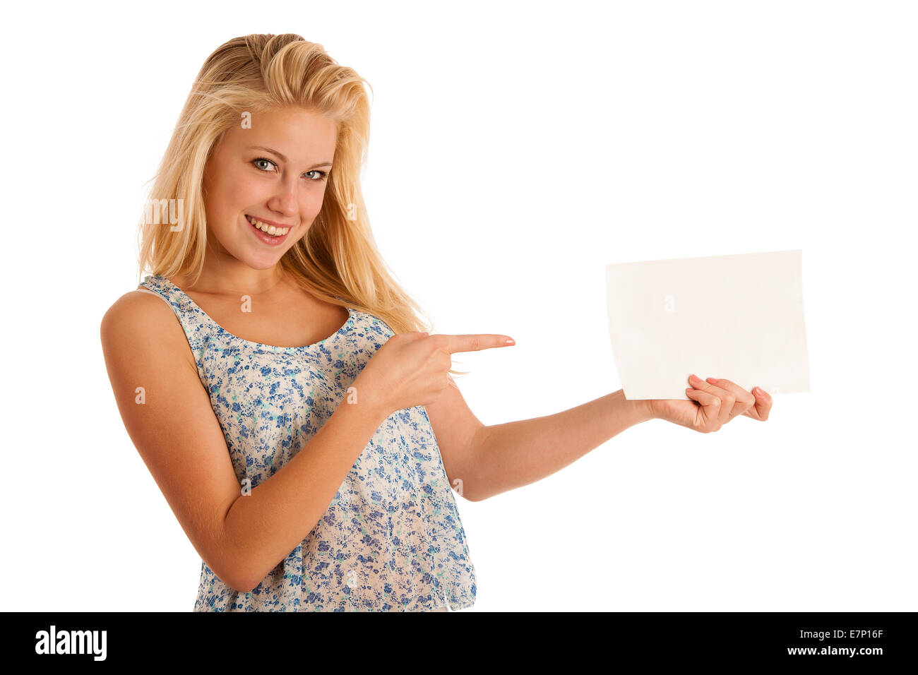 nde woman holding a blank white board in her hands for promotional text or banner isolated over white background Stock Photo