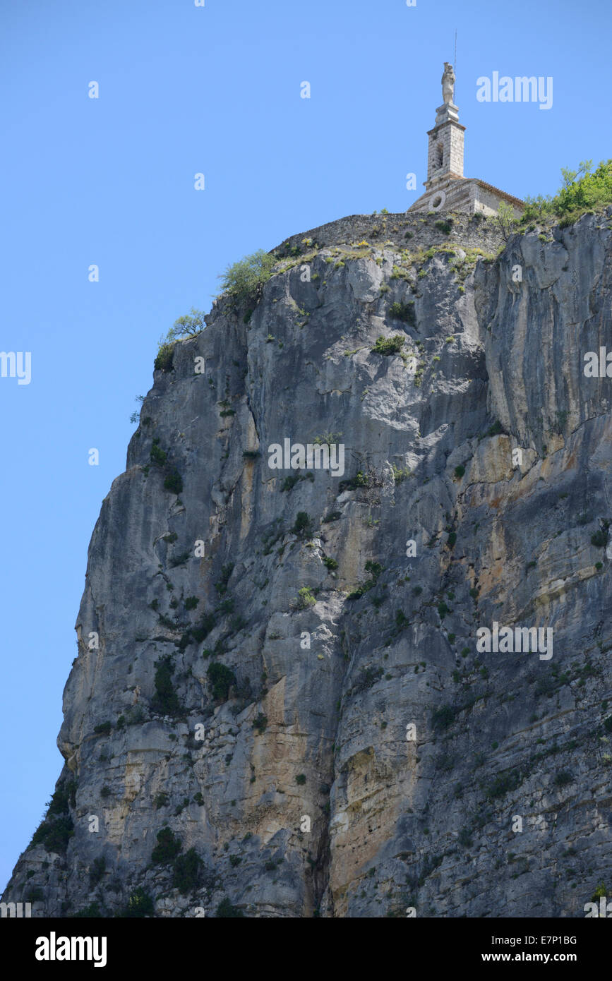 Europe, France, Provence-Alpes-Côte d'Azur, Castellane, rock, cliff, church Stock Photo