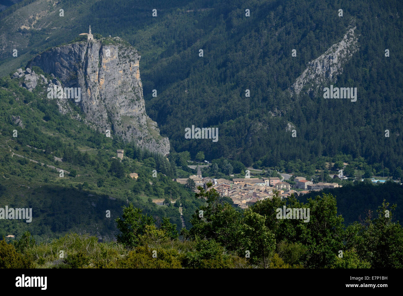 Europe, France, Provence-Alpes-Côte d'Azur, Castellane, rock, cliff, church Stock Photo