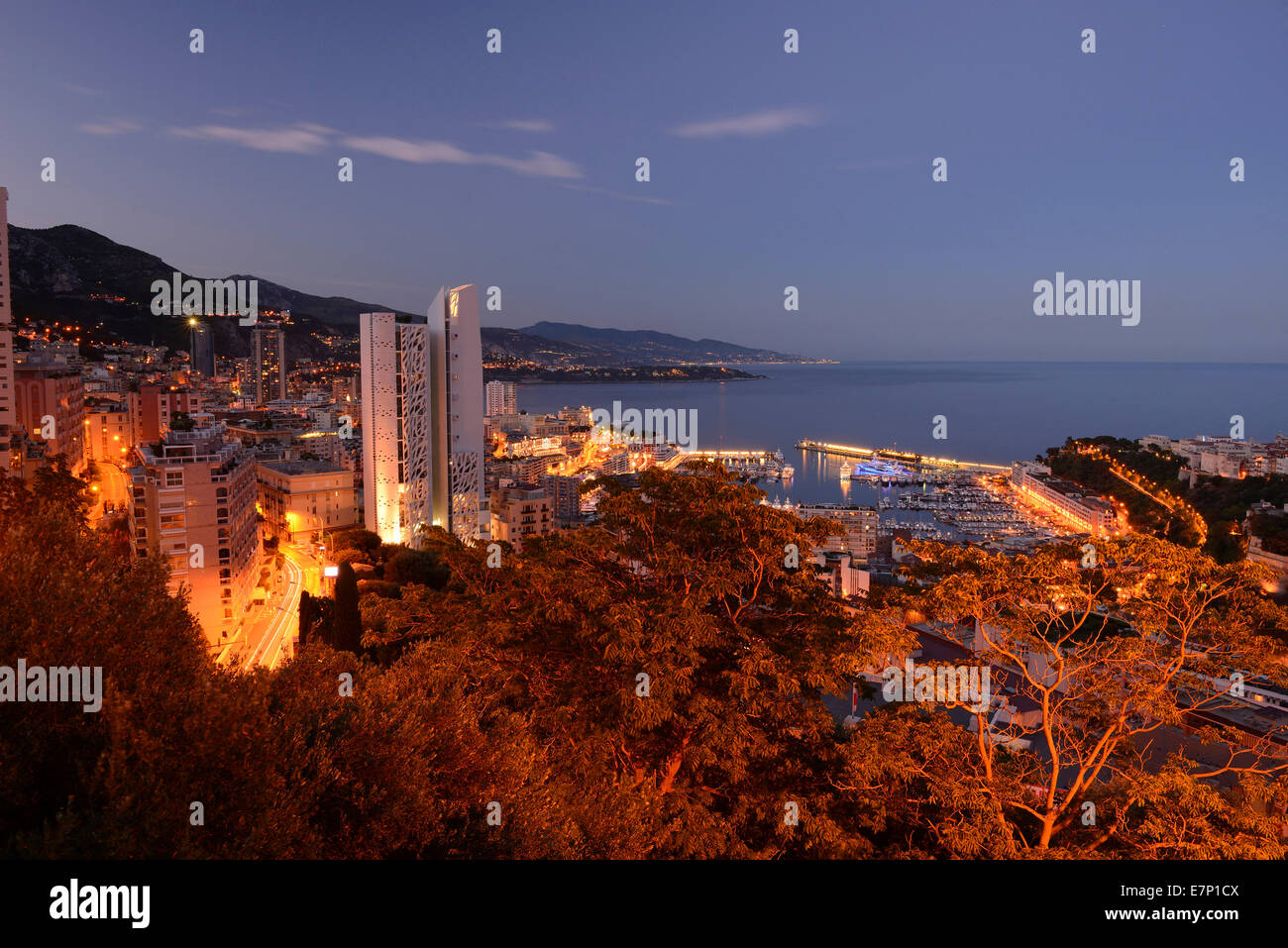 Europe, France, Monaco, Monte Carlo, French, Riviera, marina, luxury, Mediterranean, coast, city, tax haven, night Stock Photo