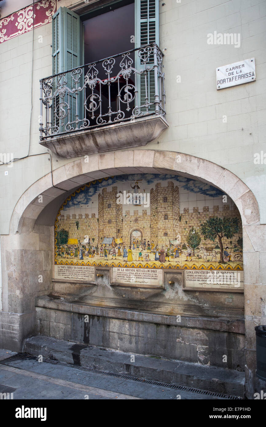 Ancient, Barcelona, City, Portaferrisa, Ramblas, Catalonia, fountain, gate, history, mosaic, Spain, Europe, street, tiles, touri Stock Photo
