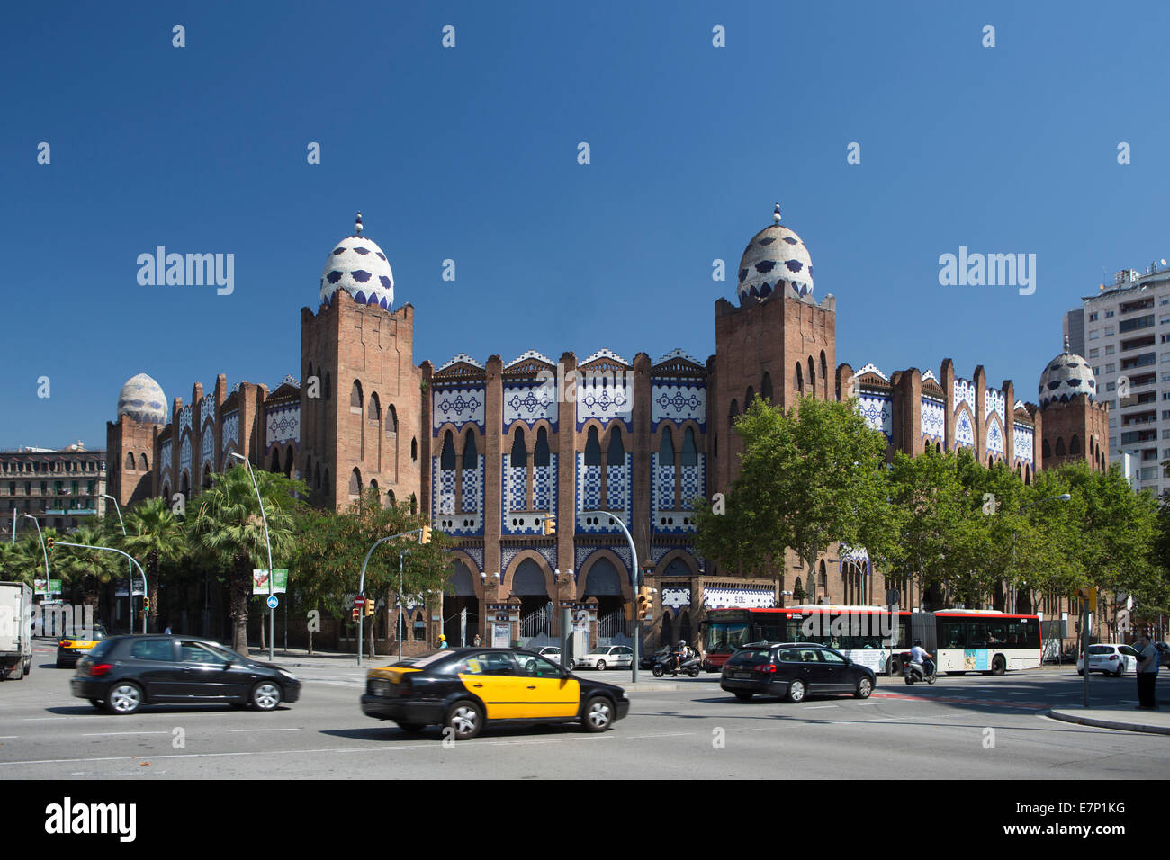 Avenue, Bullfighting, architecture, Barcelona, Catalonia, gran via, monumental, Moorish, skyline, Spain, Europe, taxi, touristic Stock Photo