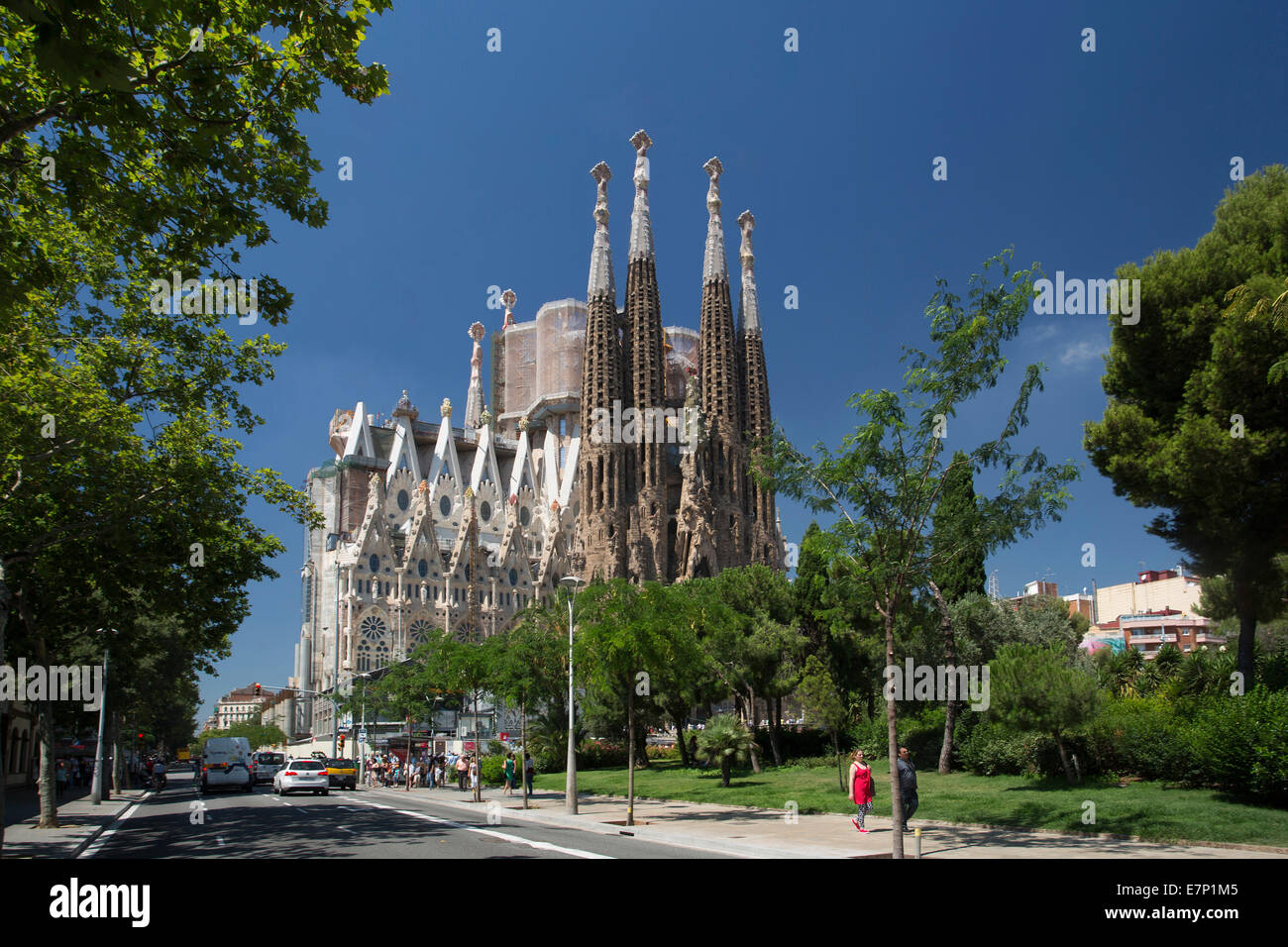 Gaudi, world heritage, architecture, art, Barcelona, Catalonia, colourful, no cranes, famous, Sagrada Familia, skyline, Spain, E Stock Photo