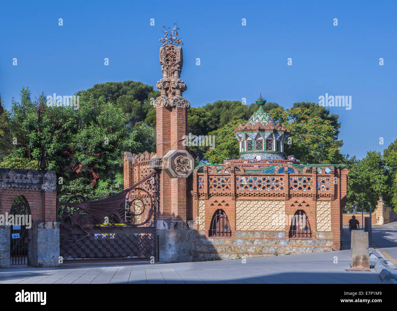 Gaudi, Guell, Pedralbes, Finca, architecture, art, artistic, Barcelona, Catalonia, detail, dragon, entrance, gate, iron, Spain, Stock Photo