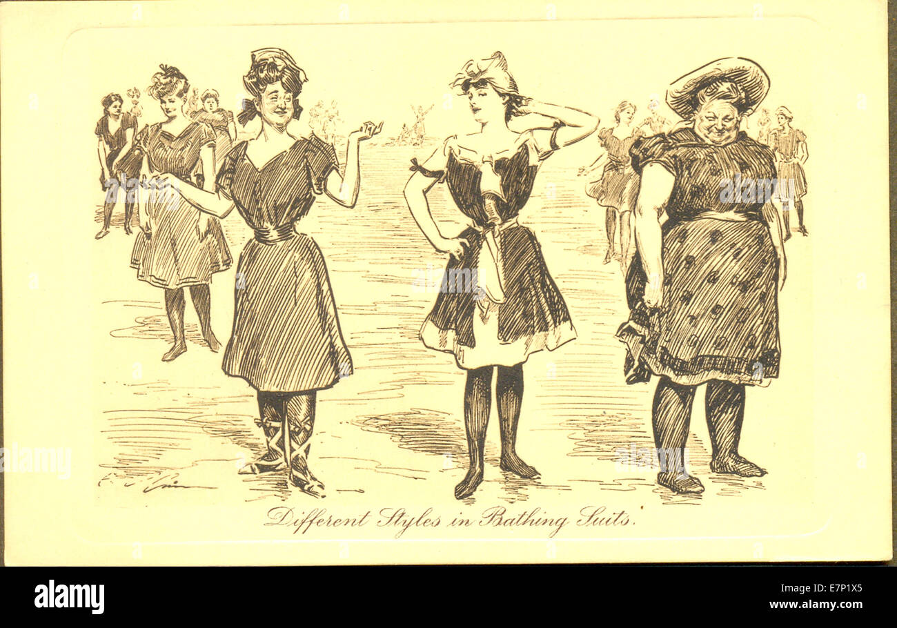 Comic postcard of 'Different Styles in Bathing Suits' by artist  Charles Dana Gibson circa 1905 Stock Photo