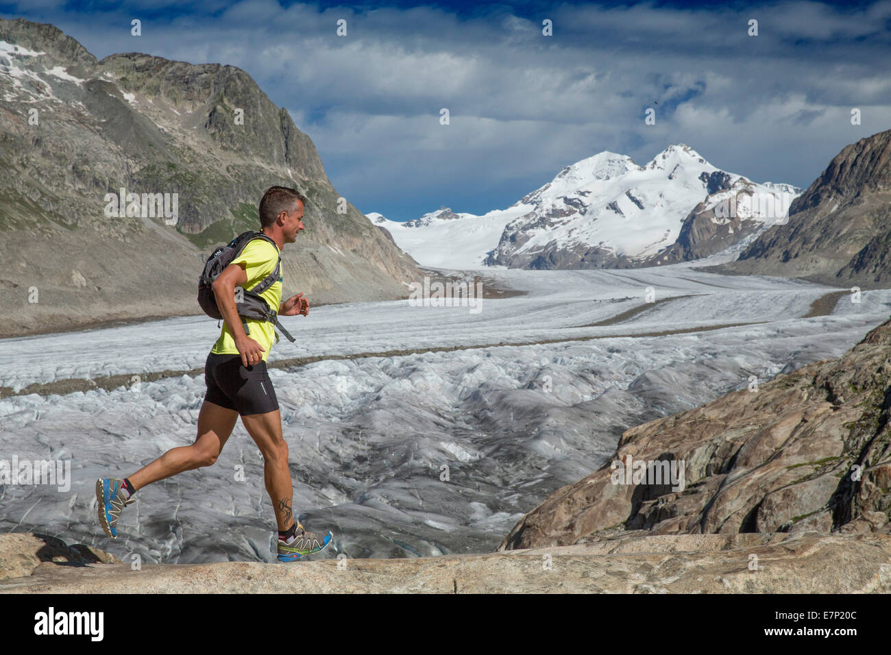 Märijelensee, runner, Aletsch glacier, mountain, mountains, canton, VS, Valais, glacier, ice, moraine, run running, Switzerland, Stock Photo