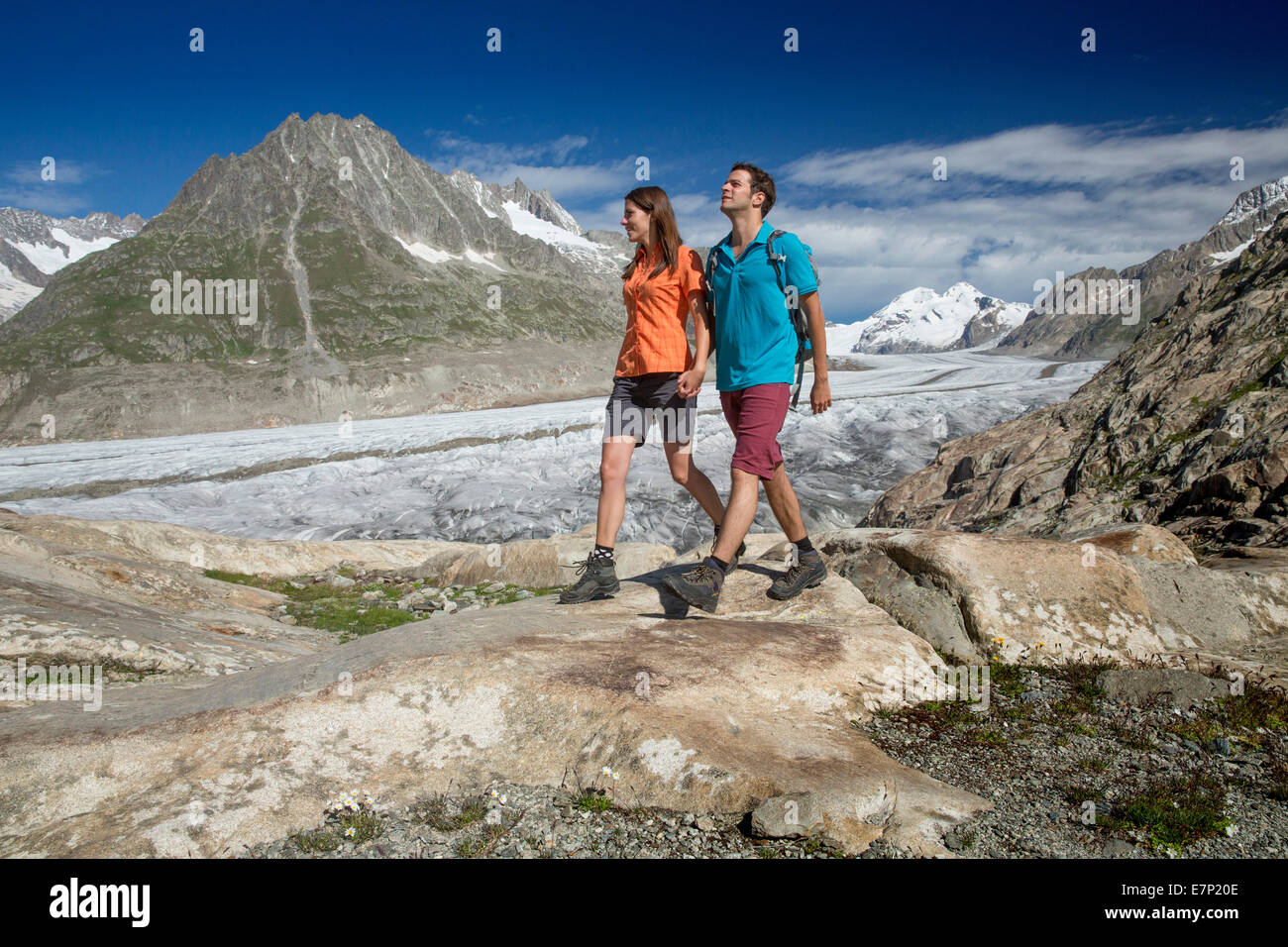 Aletsch area, walking, hiking, Aletsch glacier, mountain, mountains, canton, VS, Valais, glacier, ice, moraine, footpath, walkin Stock Photo