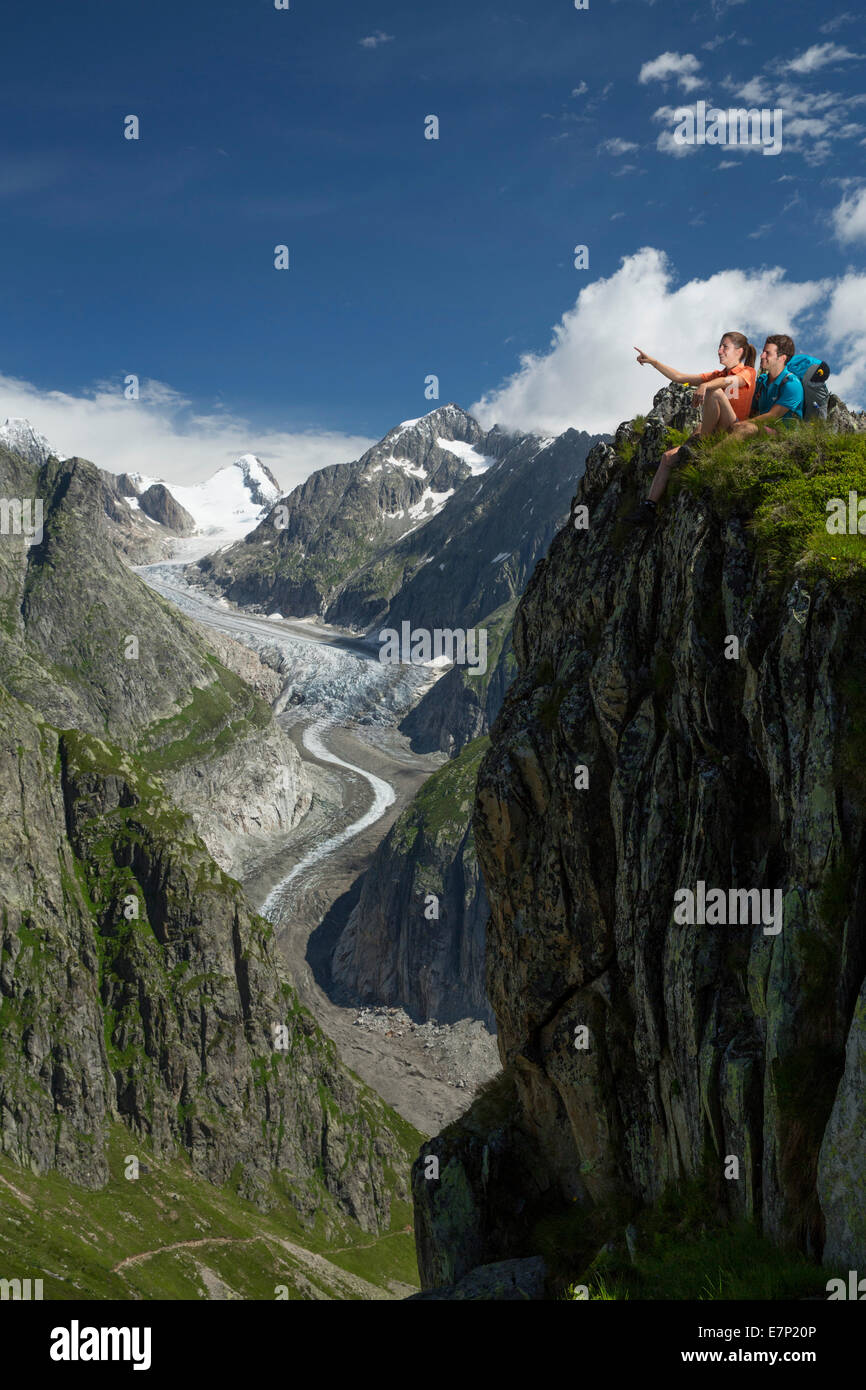 Kühboden, hiker, Fieschergletscher, mountain, mountains, glacier, ice, moraine, sport, spare time, adventure, canton, VS, Valais Stock Photo