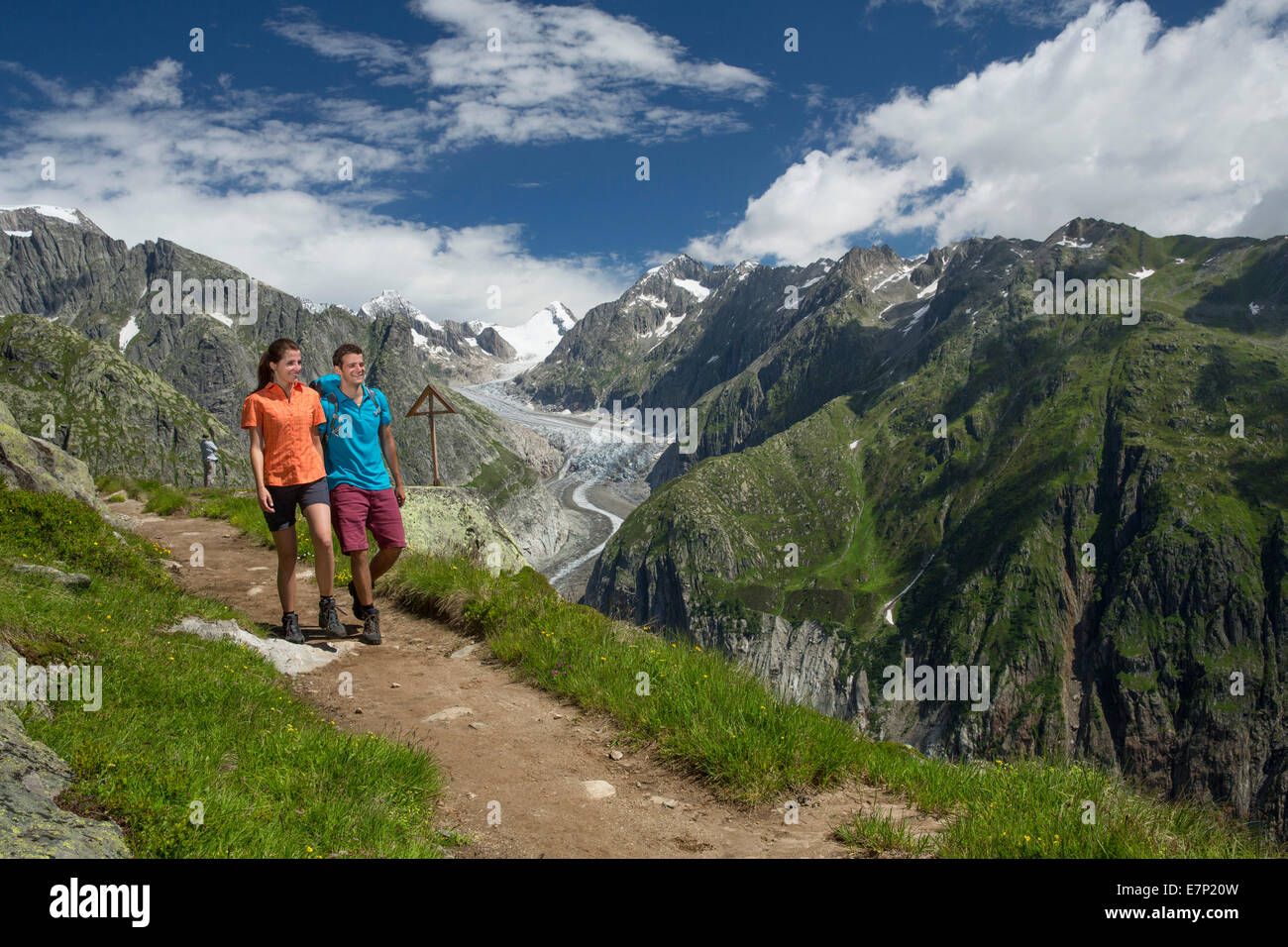 Kühboden, hiker, Fieschergletscher, mountain, mountains, glacier, ice, moraine, sport, spare time, adventure, canton, VS, Valais Stock Photo