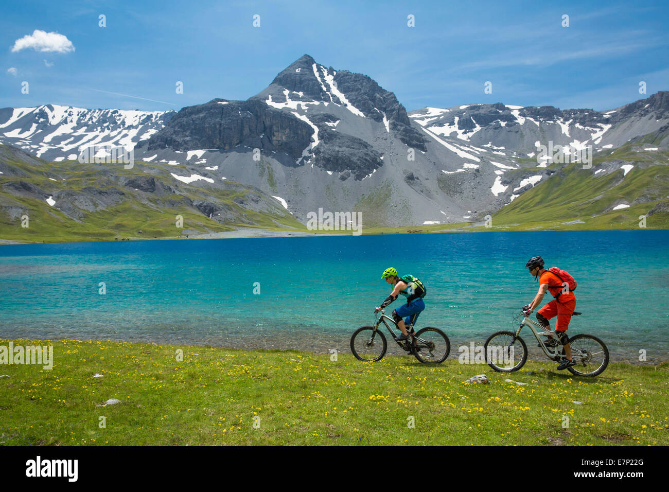 Mountain biker, Lai da Rims, Piz dal Lai, mountain, mountains, mountain lake, mountain bike, bike, bicycle, bicycles, bike, ridi Stock Photo
