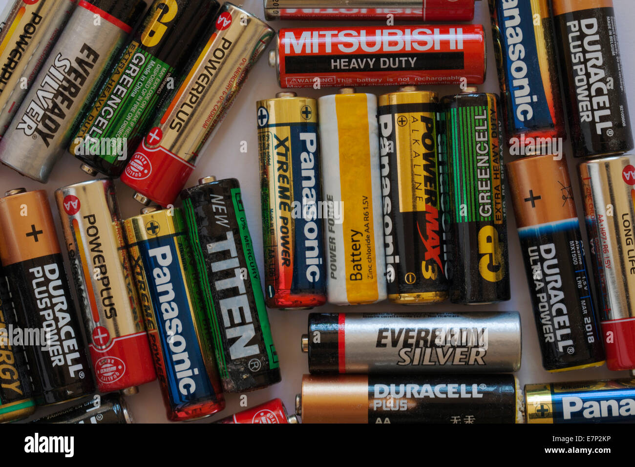 Selection of used AA batteries, different makes brands manufacturers