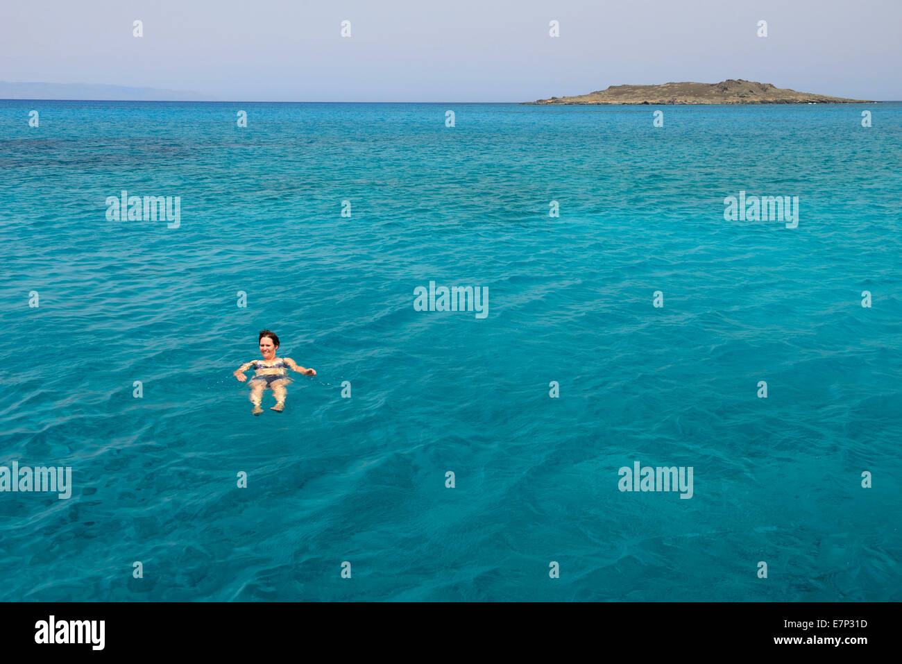 Europe, Greece, Greek, Crete, Mediterranean, island, Chrissi Island, Ierapetra, Coast, woman, swim, sea, water Stock Photo