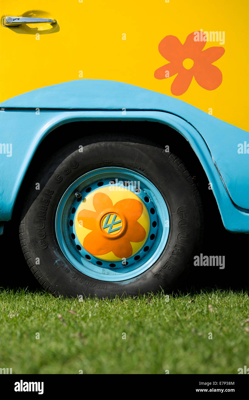 VW Volkswagen camper van flower wheel at a VW show.  England Stock Photo