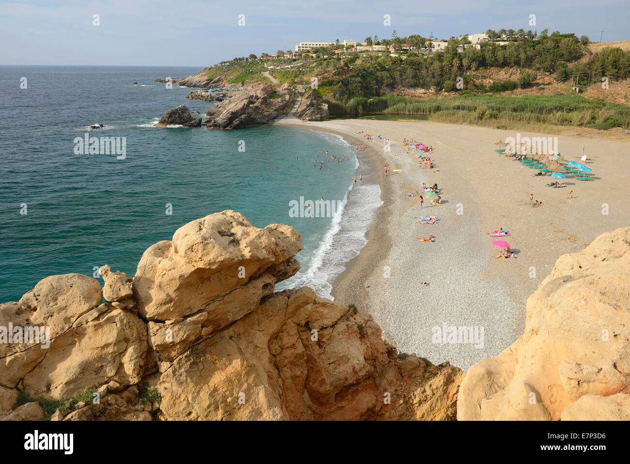 Europe, Greece, Greek, Crete, Mediterranean, island, Panormo, beach, sea, tourists Stock Photo