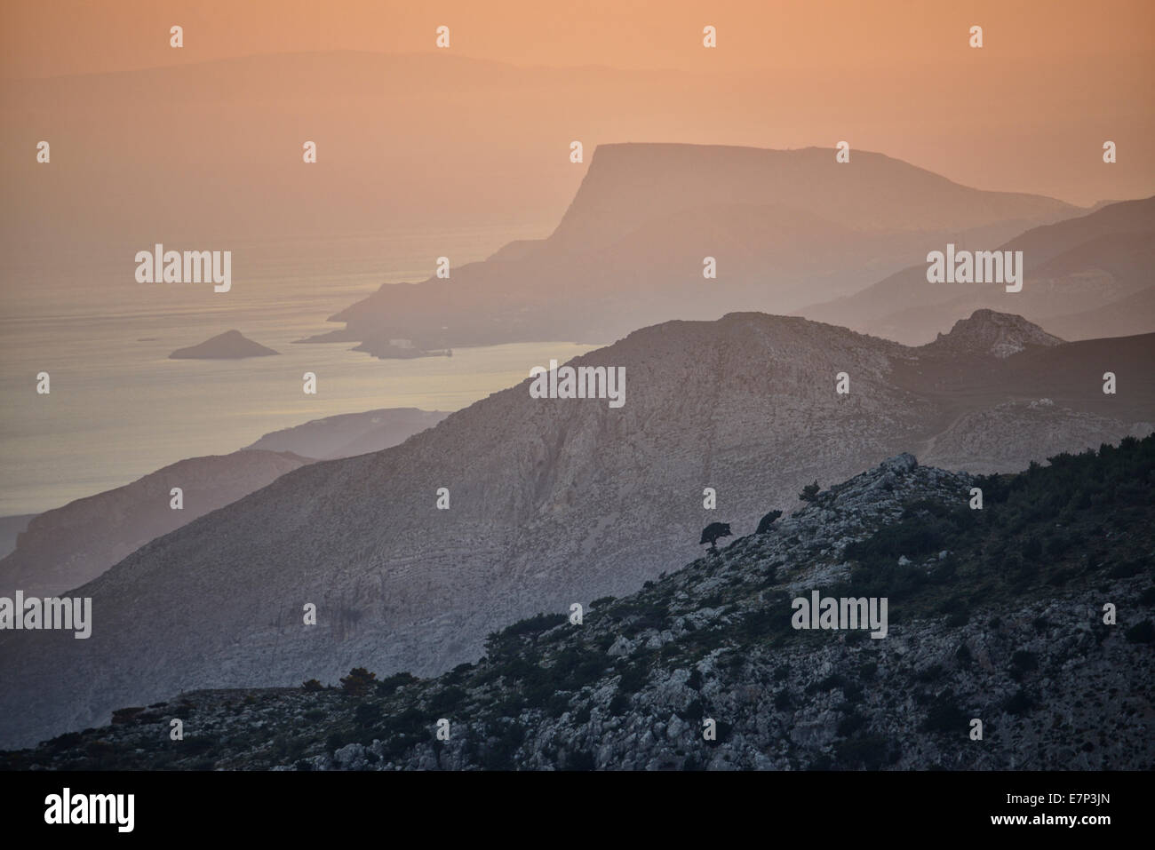 Europe, Greece, Greek, Crete, Mediterranean, island, Coast, Tris Ekklisies, landscape, sea, sunset Stock Photo