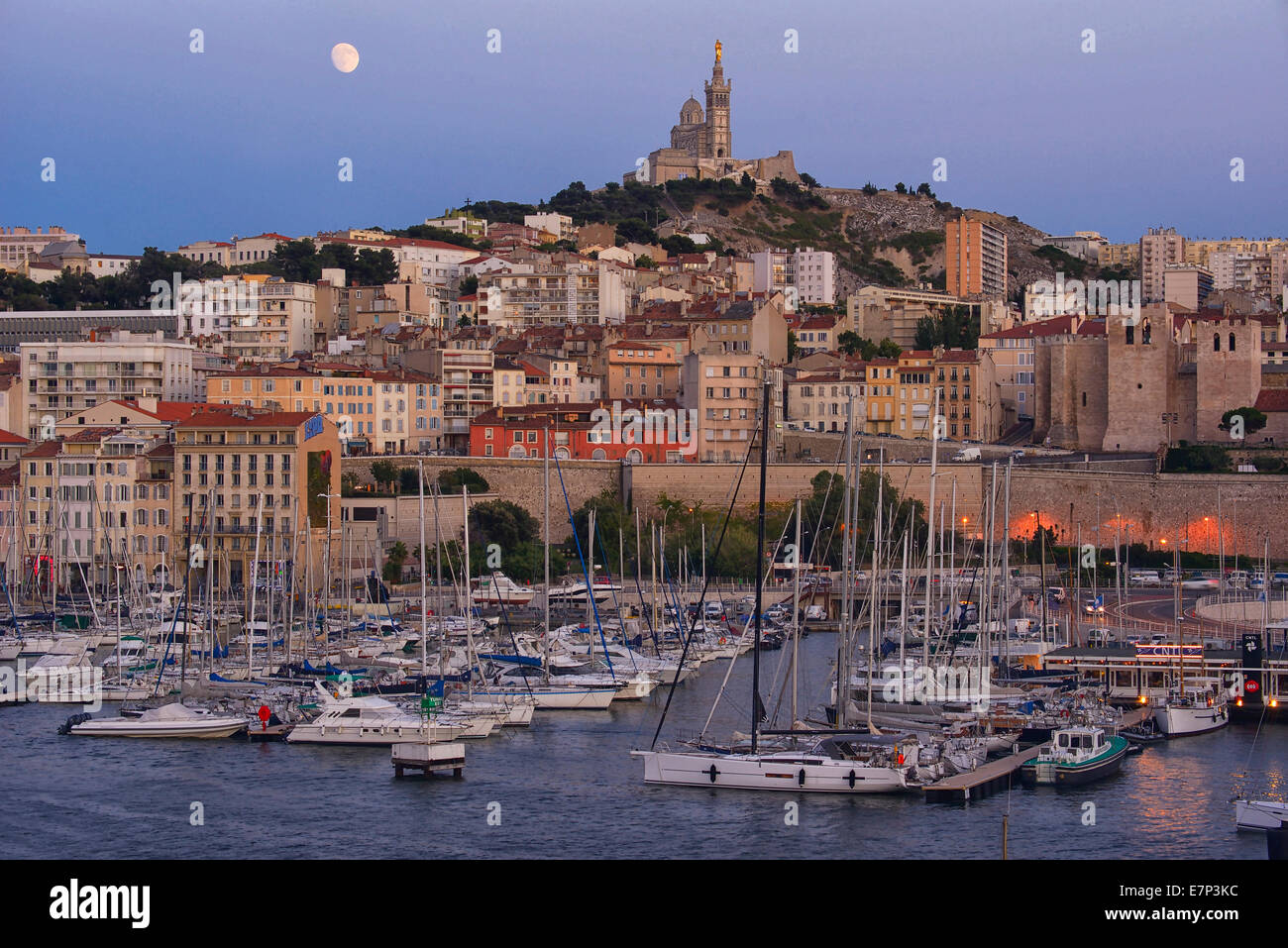 Europe, France, Provence-Alpes-Côte d'Azur, Provence, Marseille, Old Port, Marseille, dusk, moonrise, church, city, cityscape Stock Photo