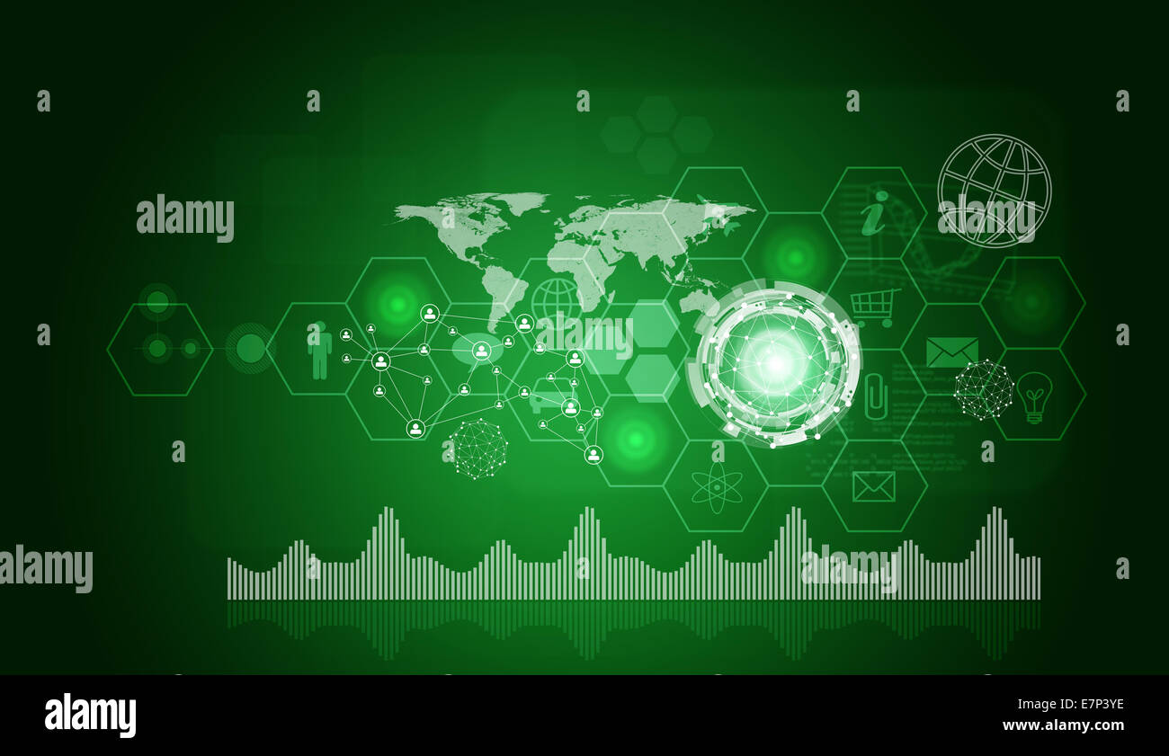 Hexagons with icons and world map Stock Photo - Alamy