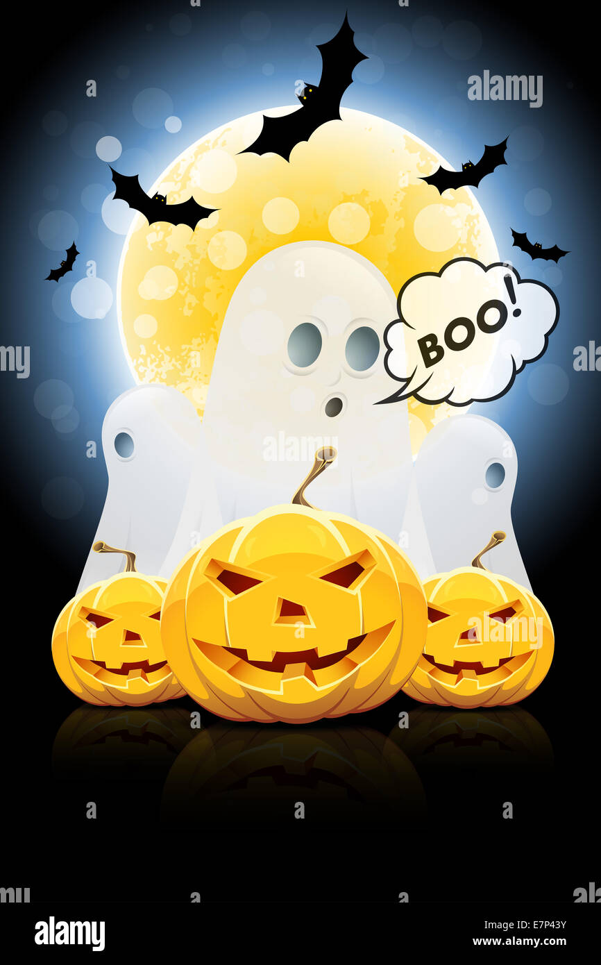 Halloween Poster with Ghosts, Bats, Pumpkins and Moon Stock Photo