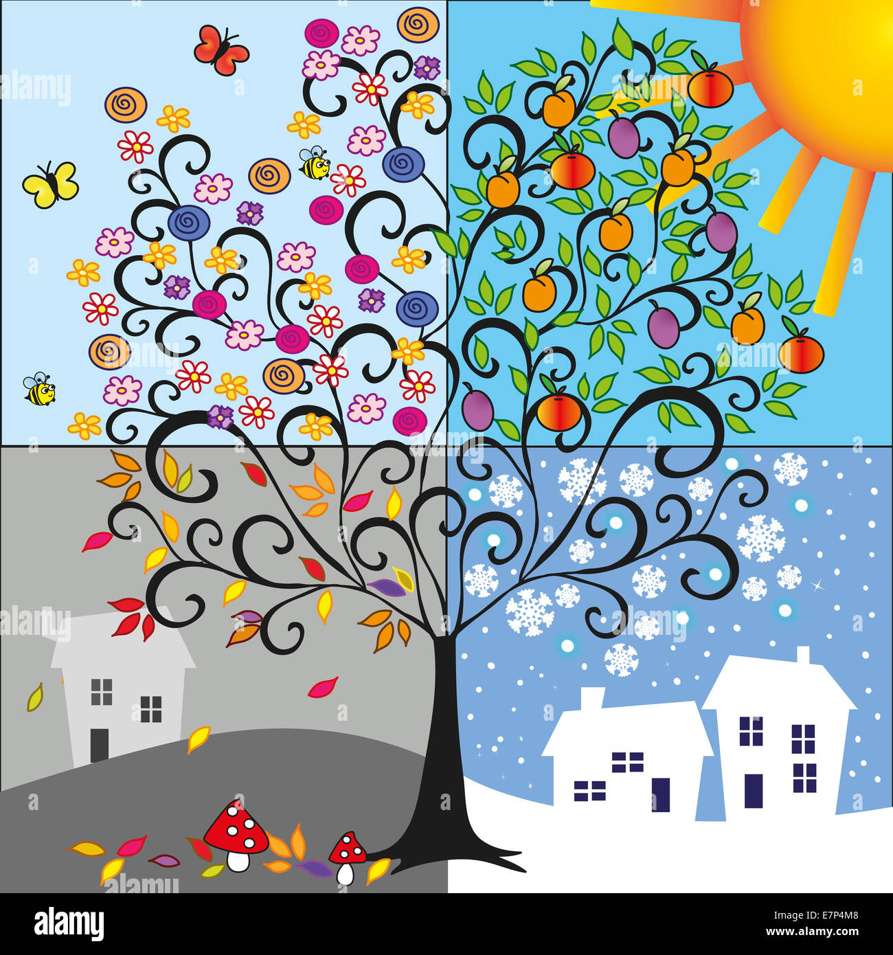 Illustration of tree representing the four seasons: spring, summer, autumn, winter. Stock Photo