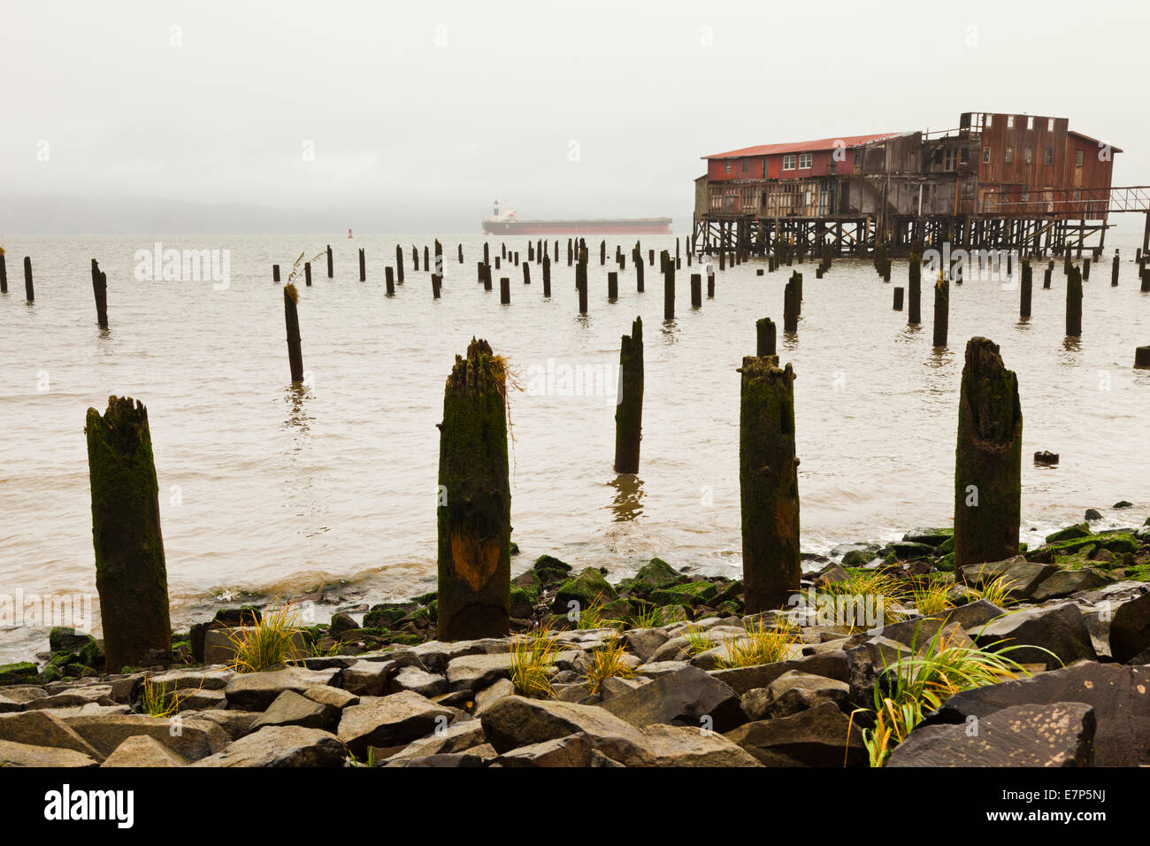 Big Red, the iconic net drying loft, in the Columbia River near Astoria ...