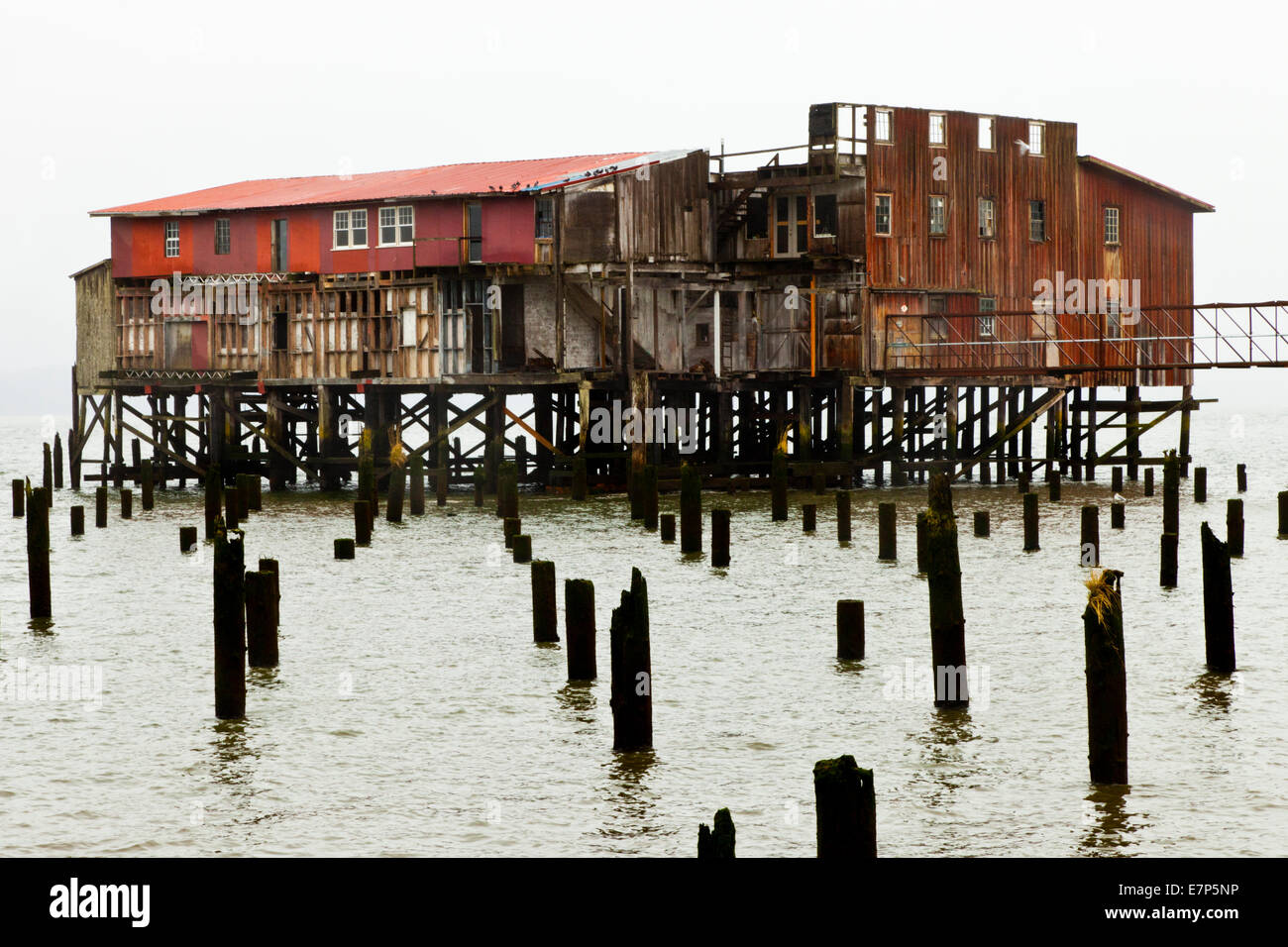 Big Red, the iconic net drying loft, in the Columbia River near Astoria ...