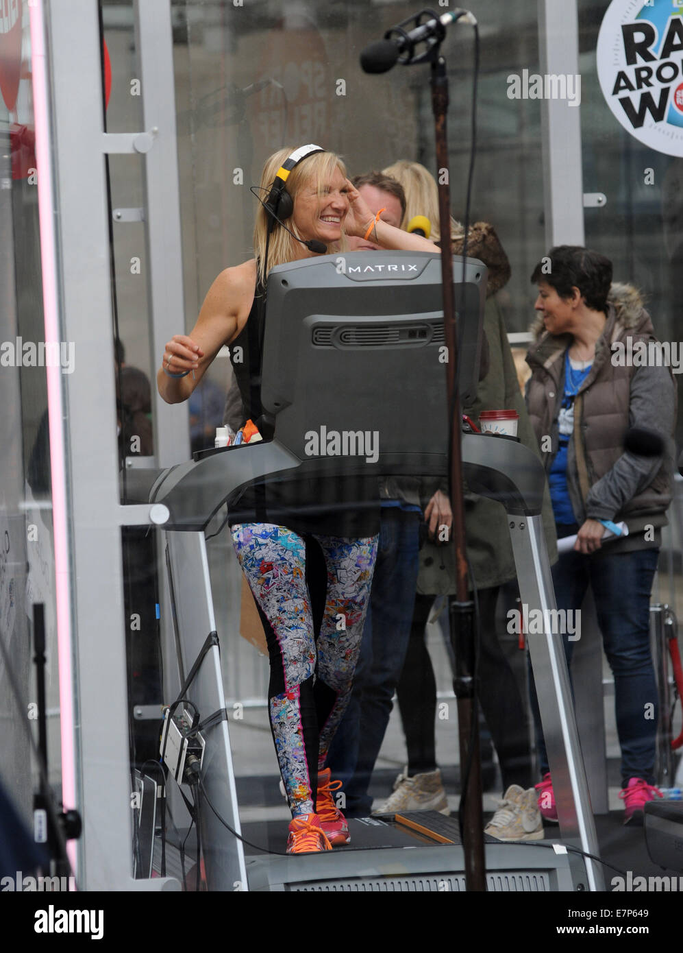 Jo Whiley running a 26 hour treadmill marathon for Sport Relief. In between breaks the BBC Radio 2 DJ decided to continue her workout and go for a run  Featuring: Jo Whiley Where: London, United Kingdom When: 20 Mar 2014 Stock Photo