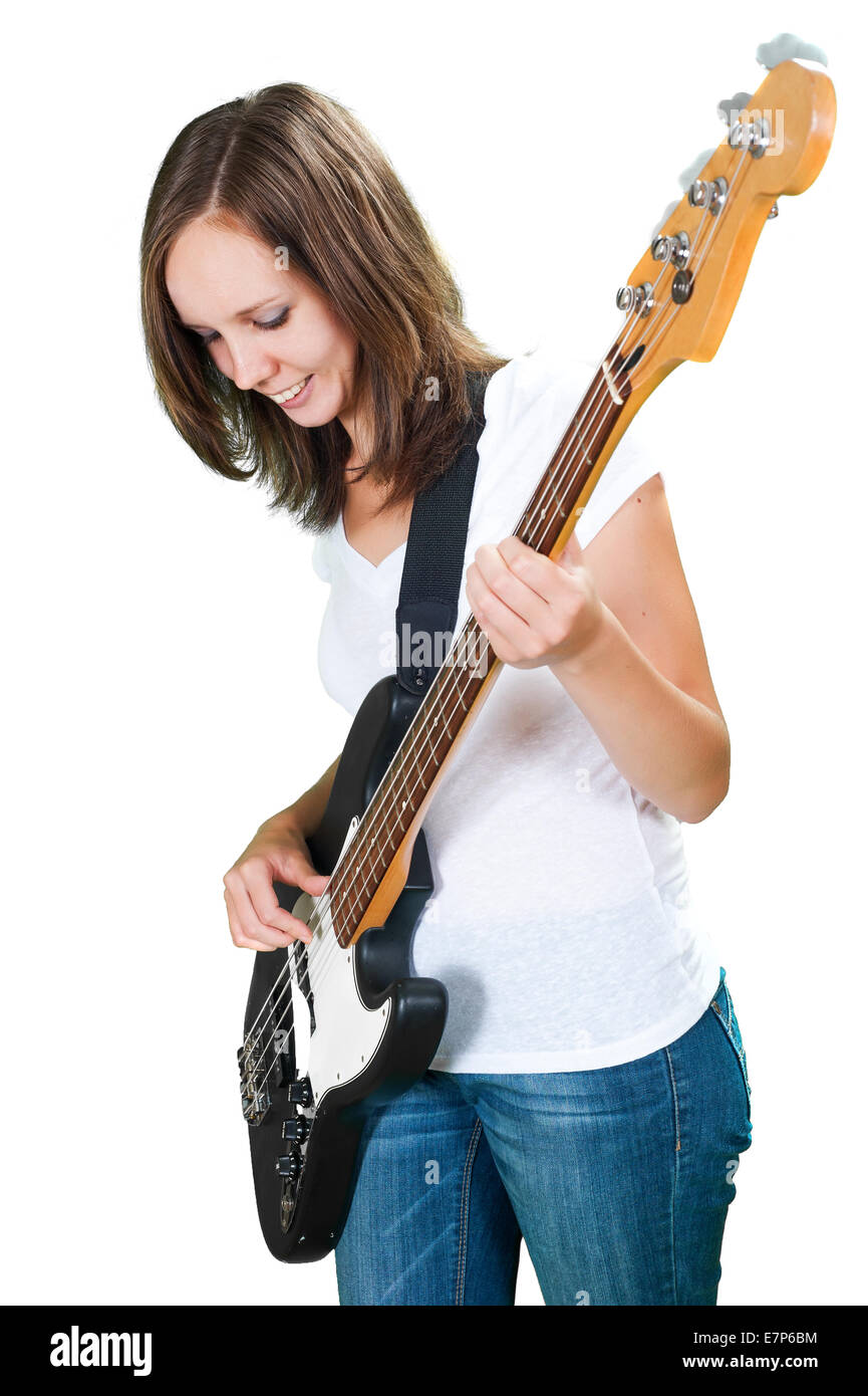Girl with bass guitar and microphone isolated on white background