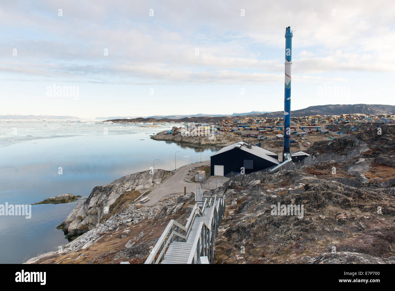 Illulissat in Greenland with power station, sea and mountains Stock Photo