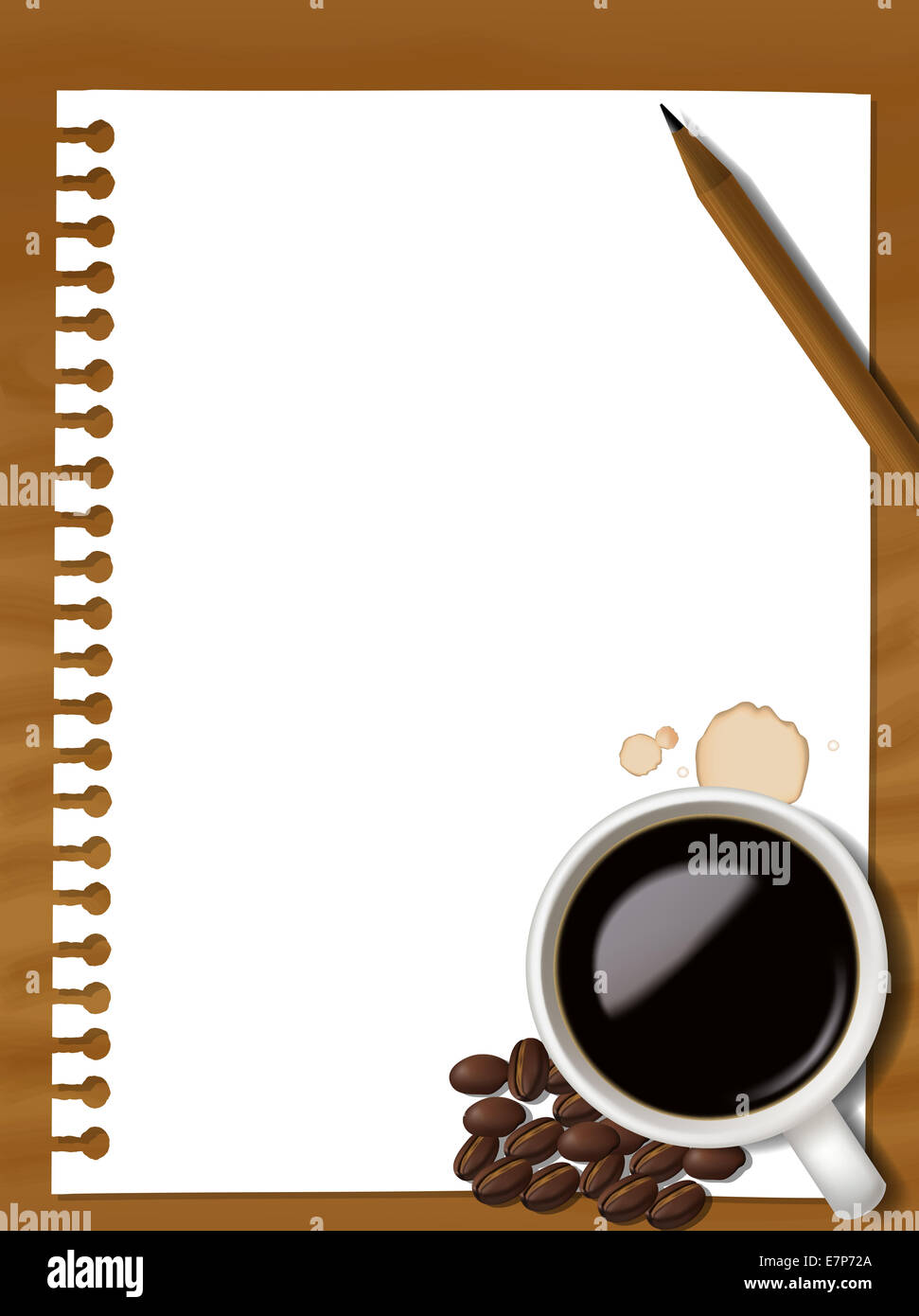 notebook with pencil and a cup of coffee on modern wooden table Stock Photo