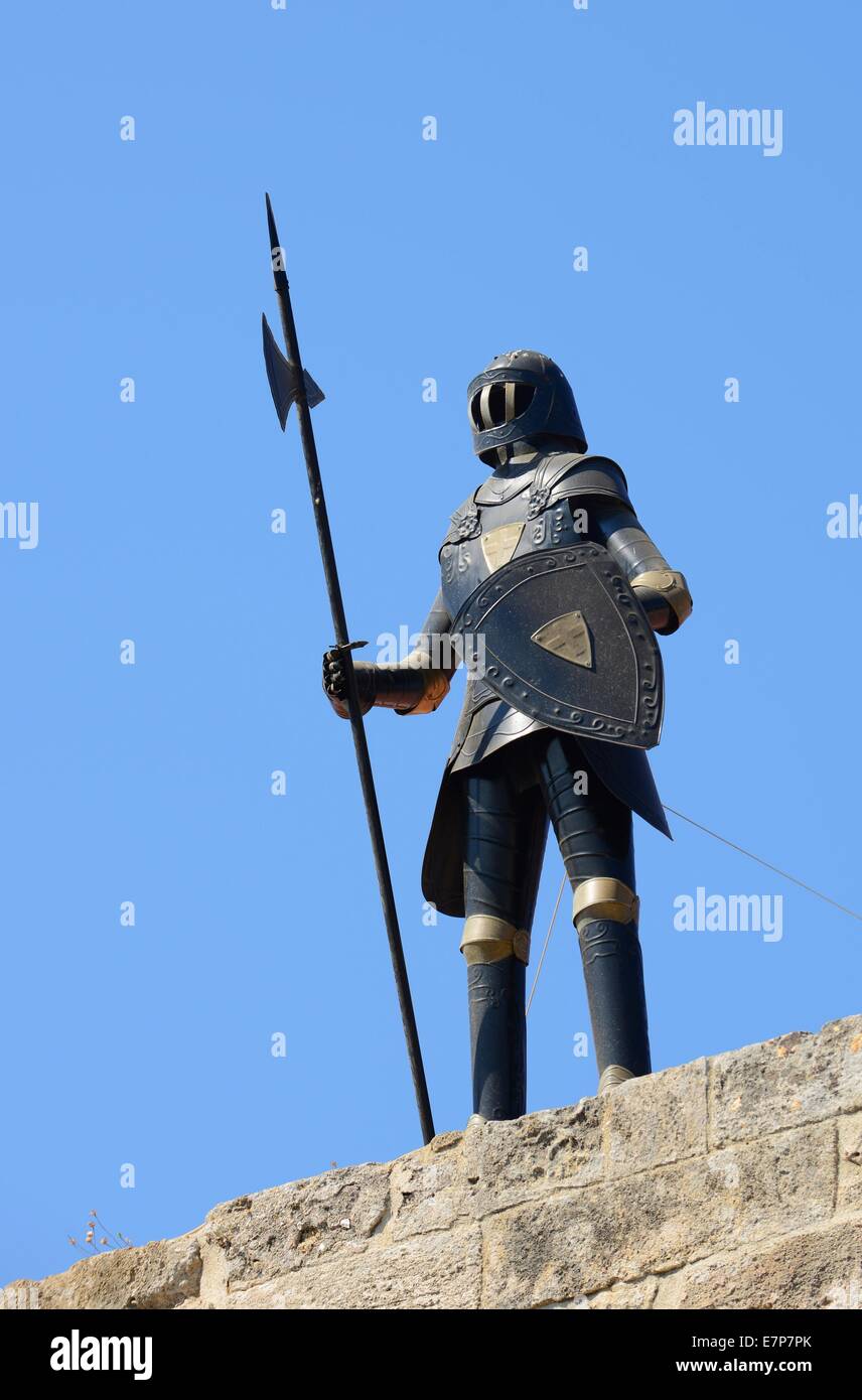 Knight at medieval city of Rhodes island in Greece Stock Photo