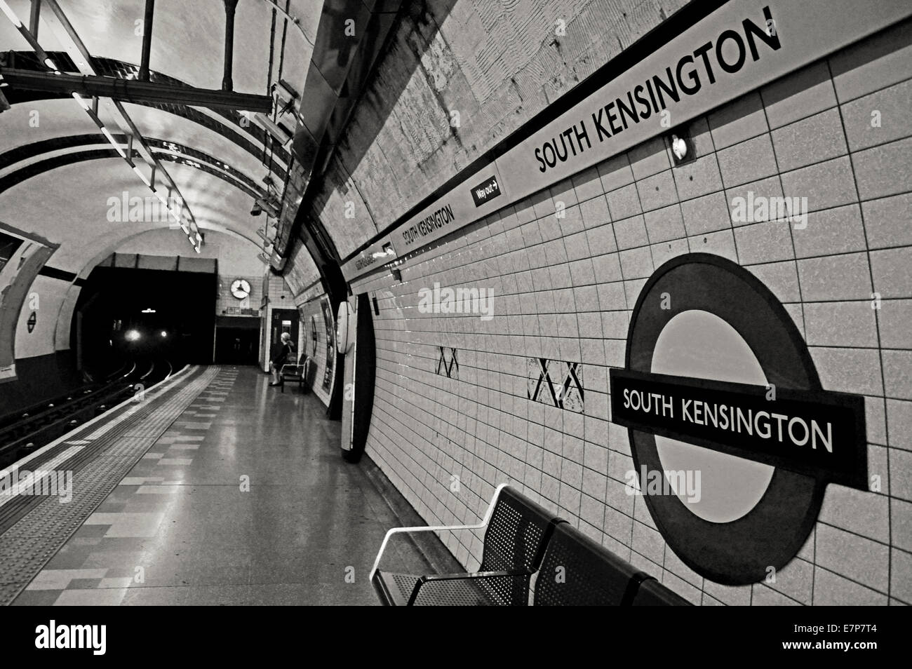 South Kensington Underground Station platform showing roundel, Royal