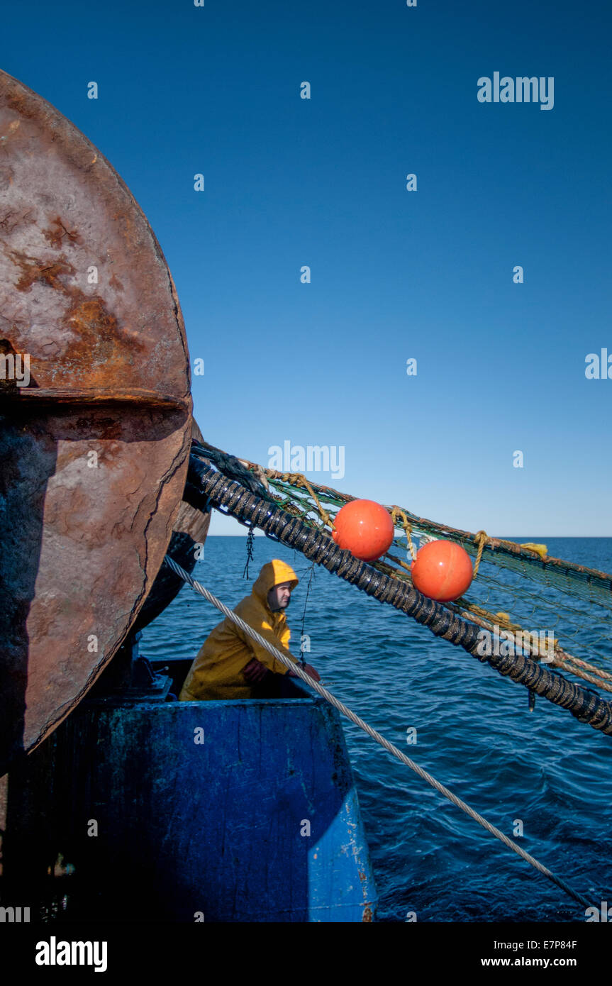 Fisherman hauling back dragger net on fishing trawler. Stellwagen Bank