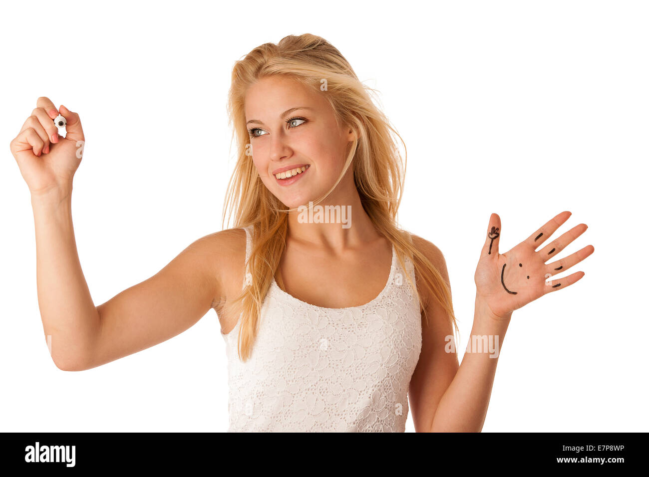 blonde business woman with blue eyes, writes on a glass table with marker presenting bussiness opportunities Stock Photo