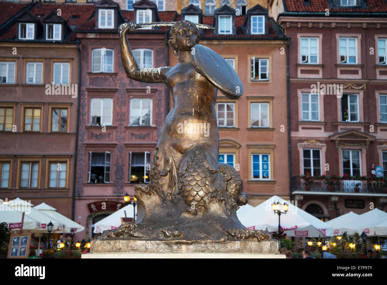 Poland June 2014: 'The Warsaw Mermaid' statue in Warsaw's Old Town Market Square Stock Photo