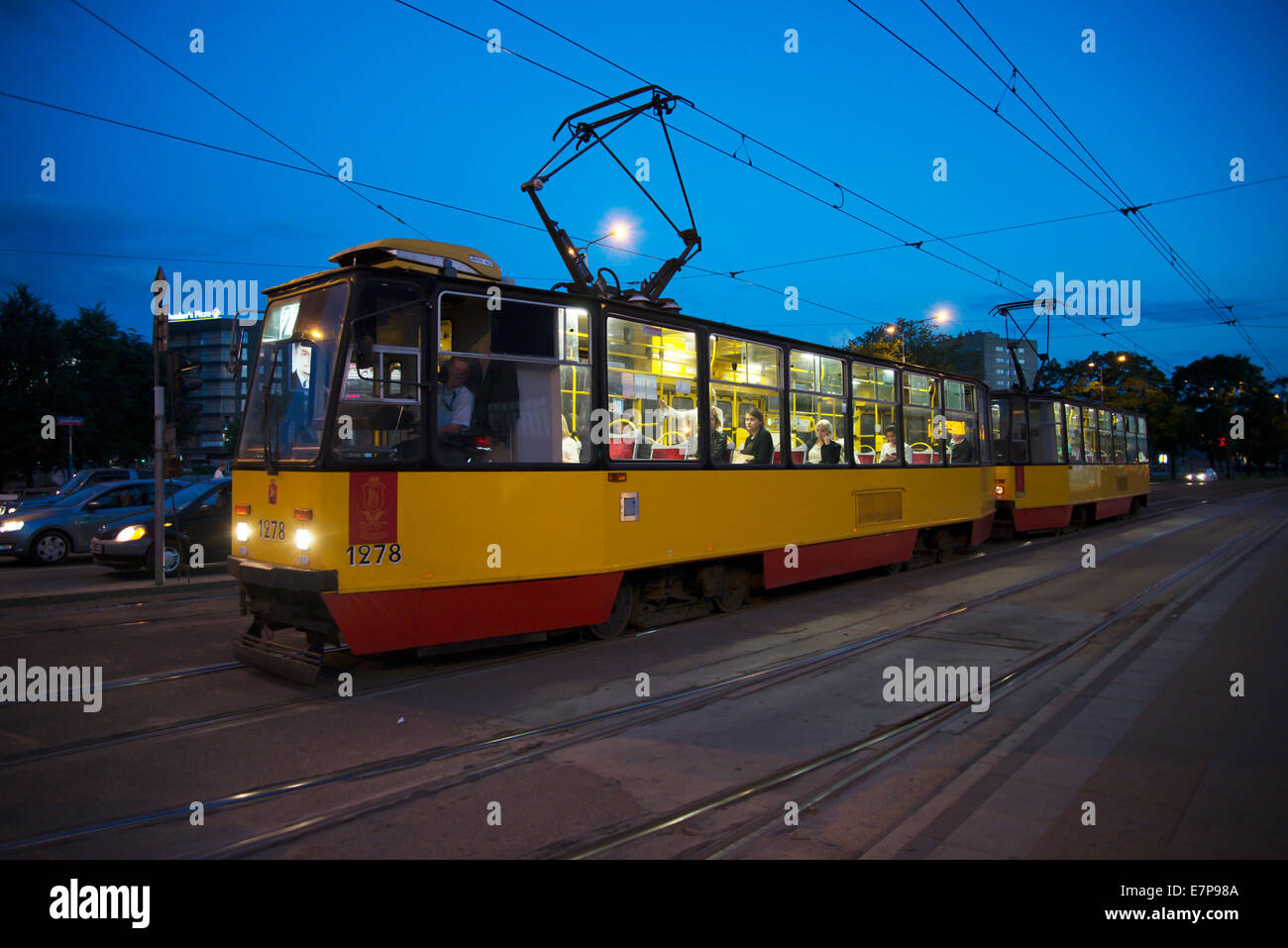 June 2014: Tram, public transport at night in Warsaw Poland, Europe Stock Photo