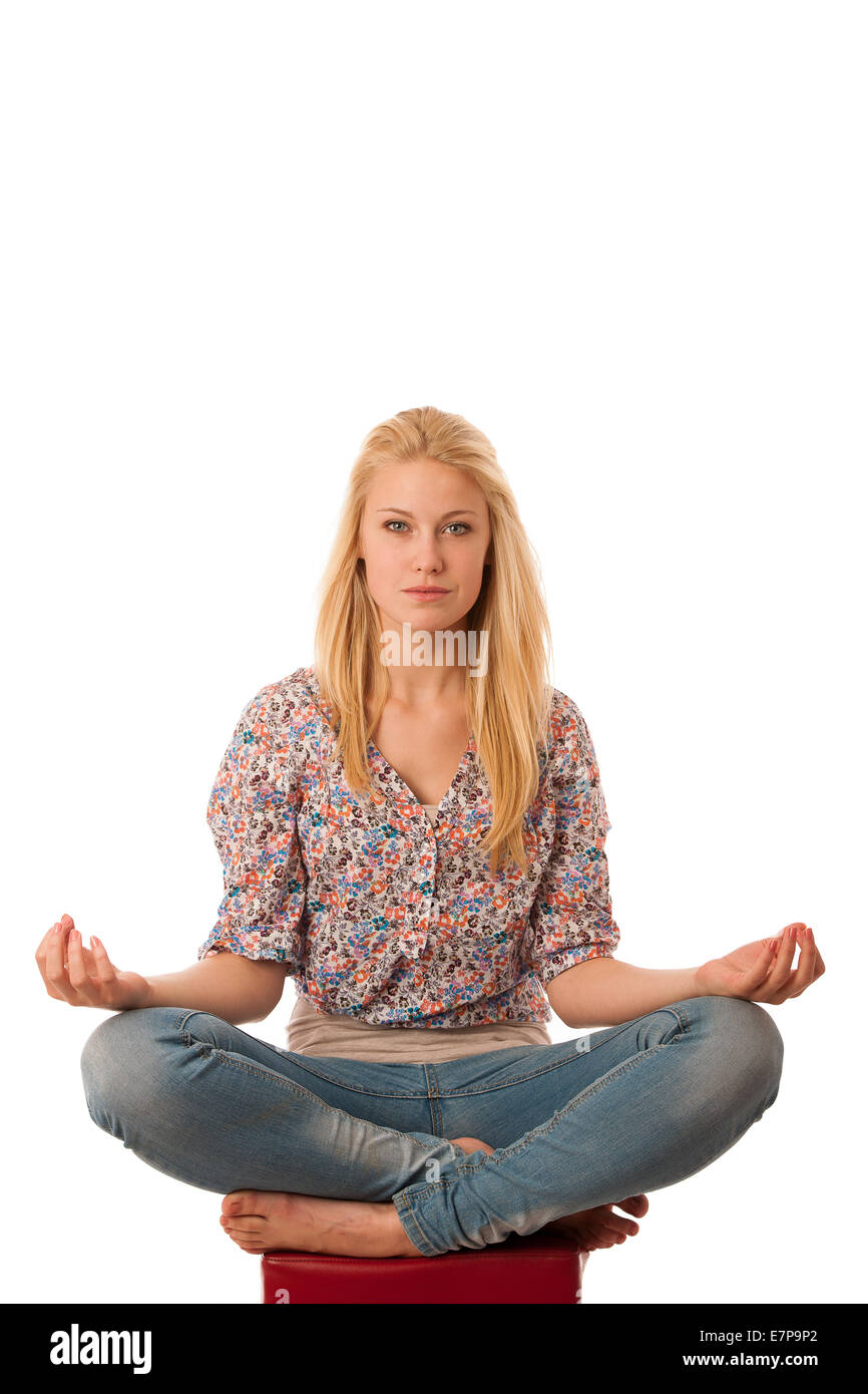 conceptual photos of woman dressed in casual dress relaxing with copy space over he head isolated over white background Stock Photo