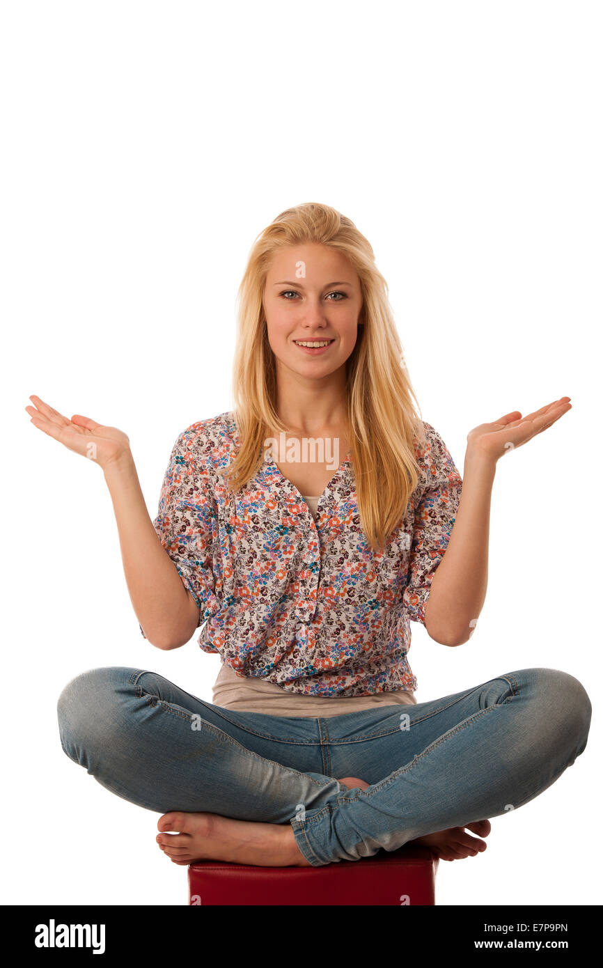 conceptual photos of woman dressed in casual dress relaksing with copy space over he head isolated over white background Stock Photo