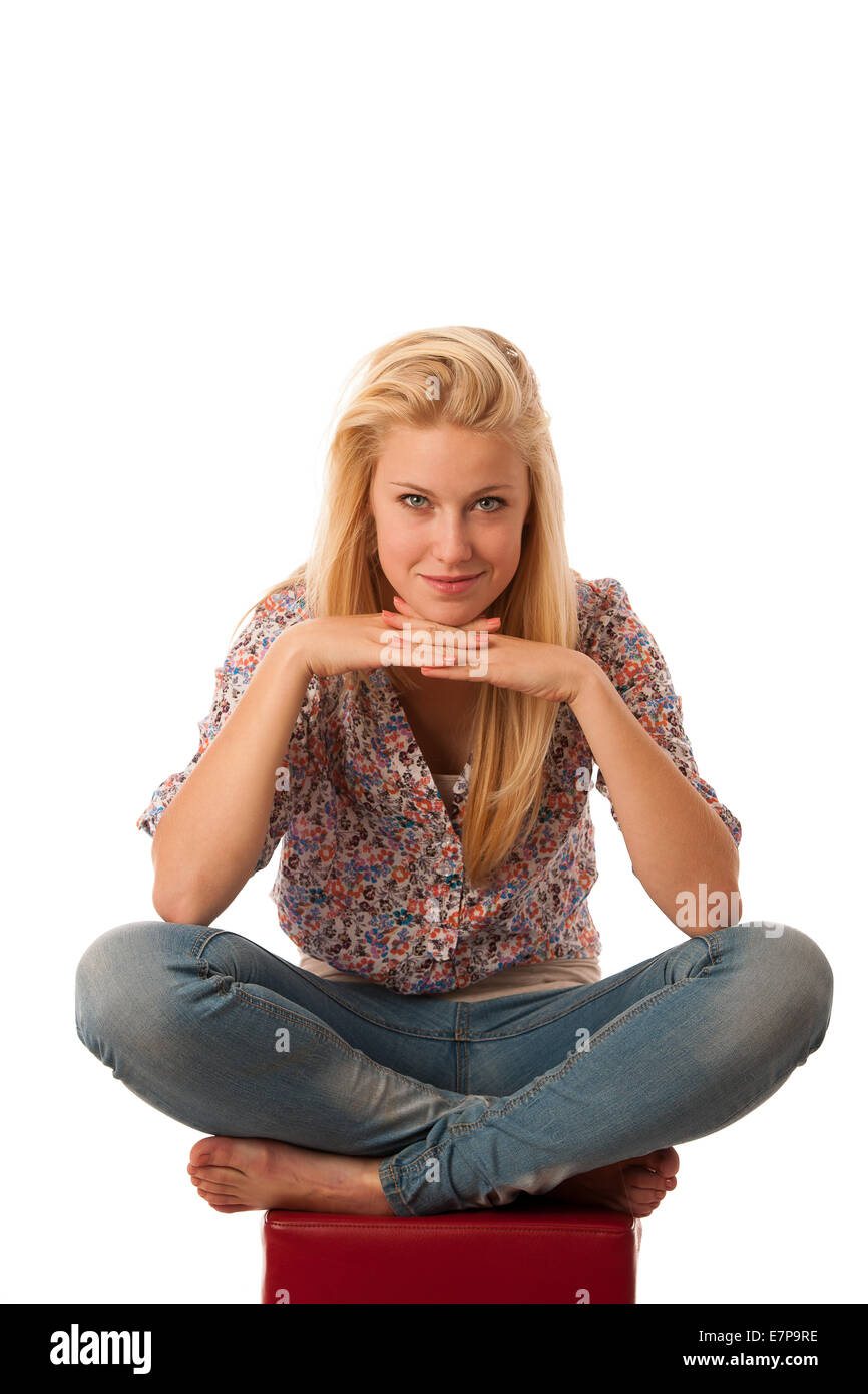 conceptual photos of woman dressed in casual dress relaksing with copy space over he head isolated over white background Stock Photo