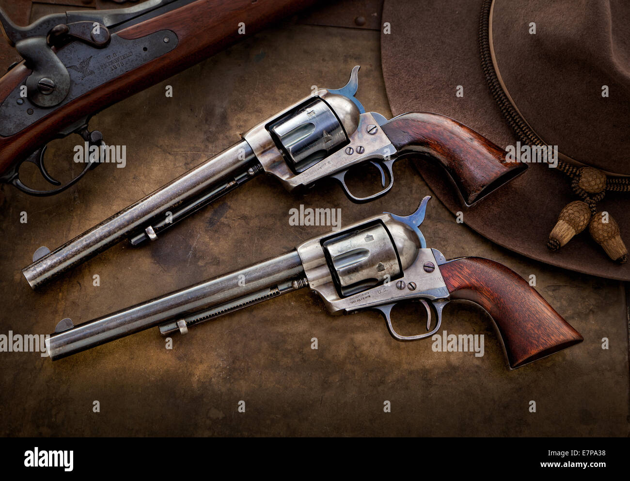 A pair of Colt single action army revolvers issued to the US Army Stock Photo