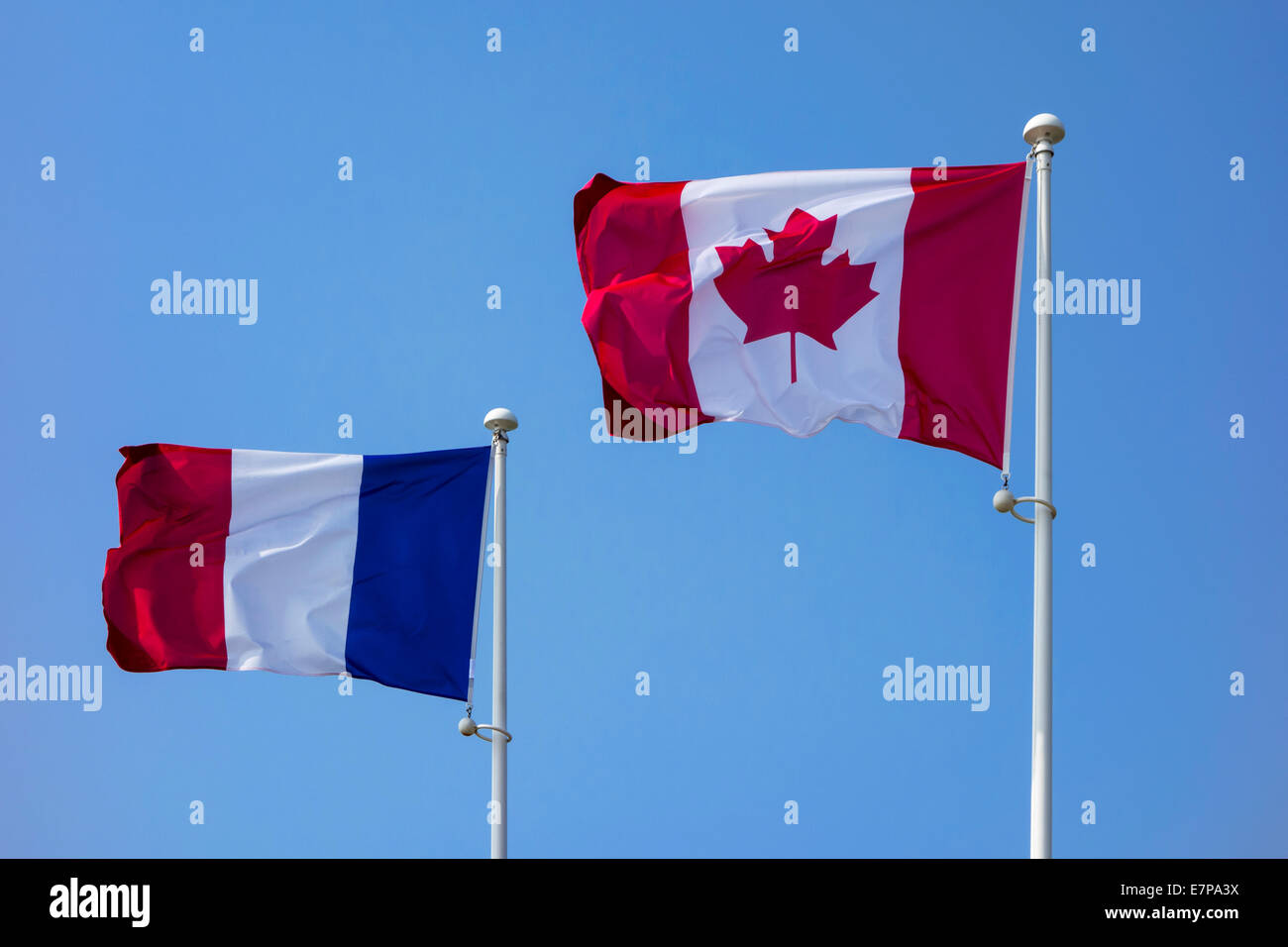 National Canadian and French flags on flagpoles flying in the wind against blue sky Stock Photo