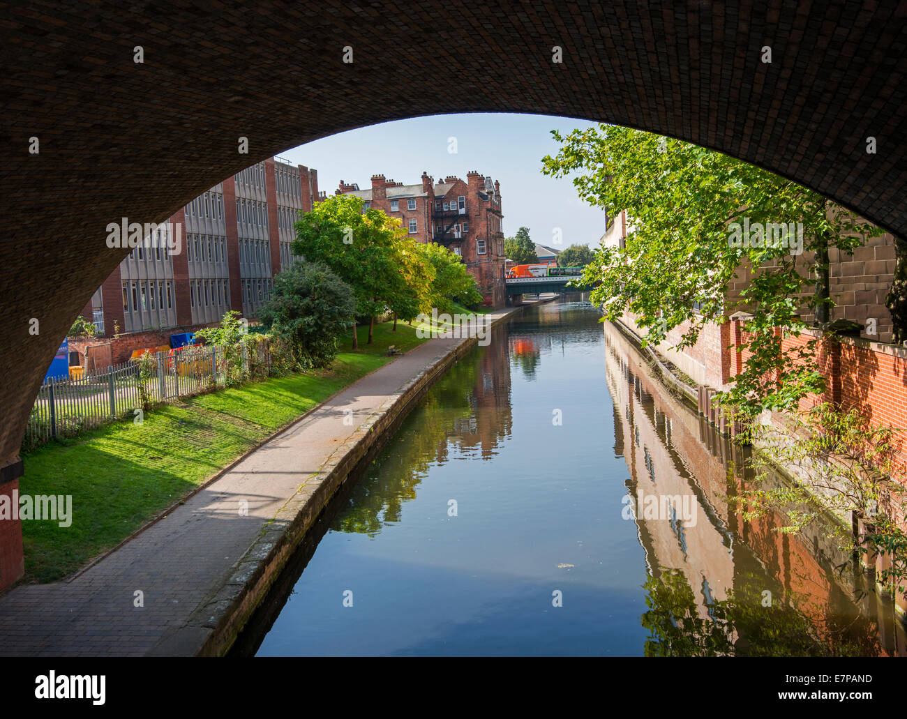 A canal bridge frames the County Court building in Nottingham City