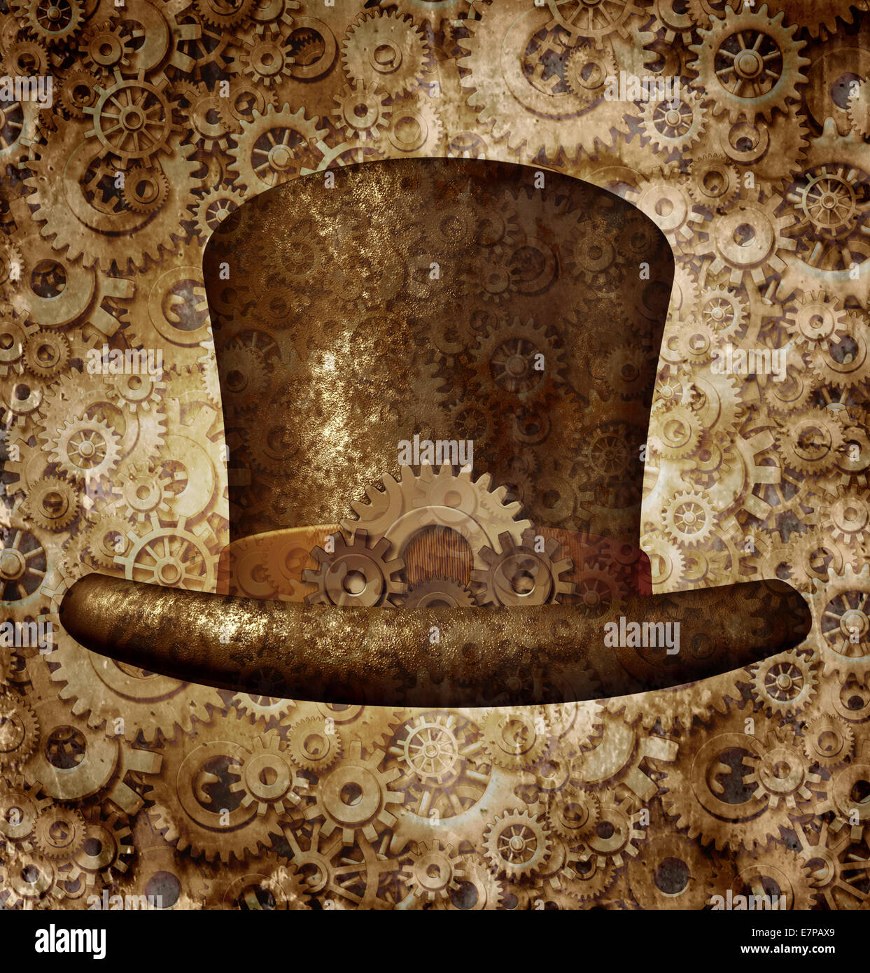 Steampunk top hat as a science fiction concept made of metal copper gears and cogs wearing a historical victorian retro head accessory as a technology symbol of futuristic fictional machine hybrid. Stock Photo