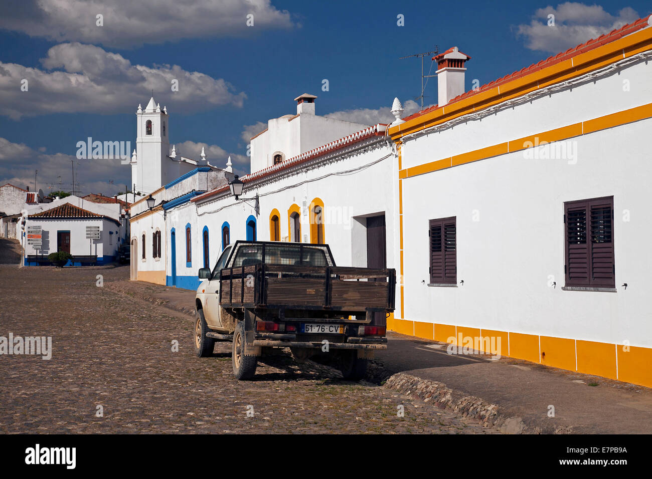 Cobbled high street with white houses in Castro Verde, Beja District, Alentejo, Portugal Stock Photo