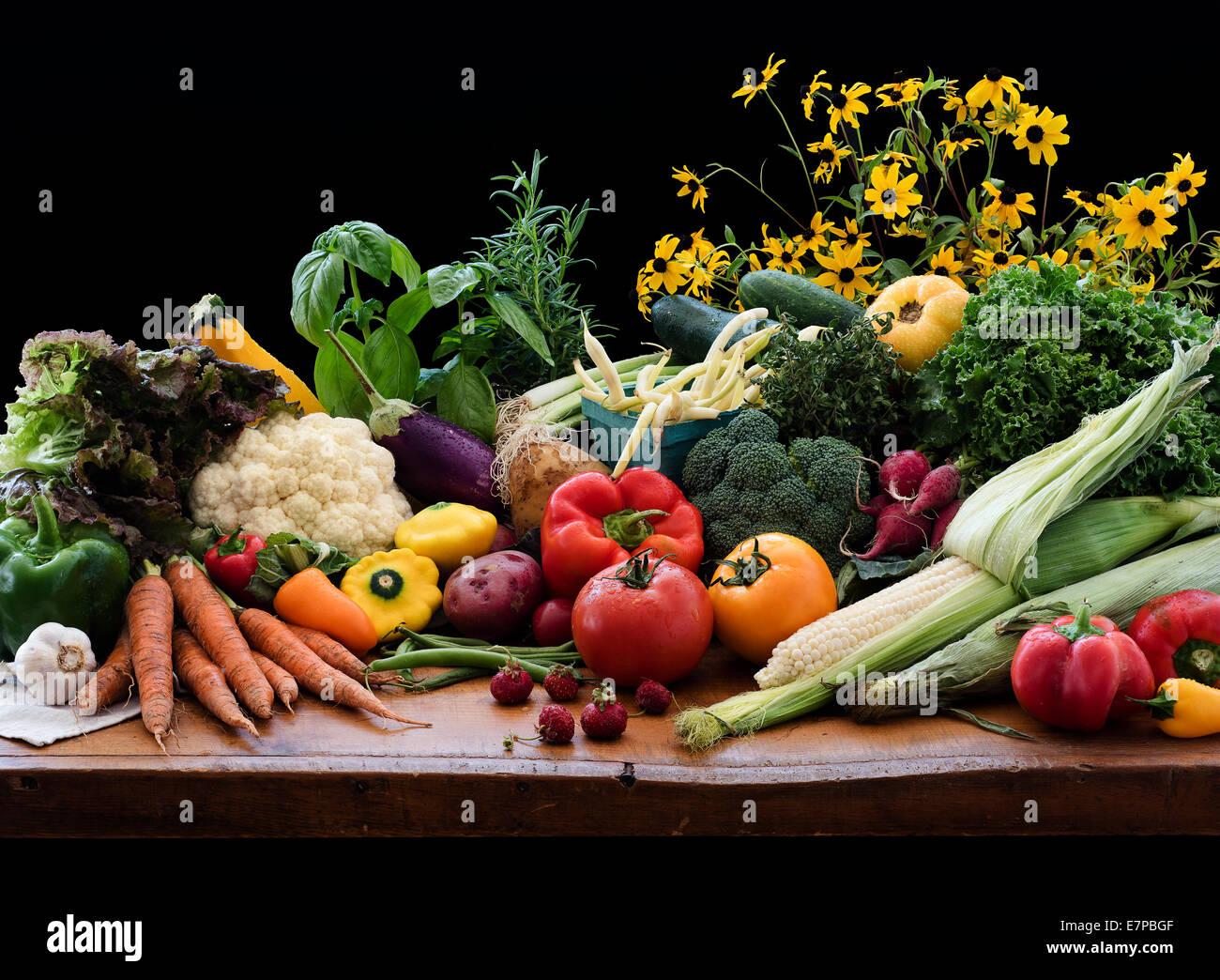 Still life with various vegetables and flowers Stock Photo - Alamy