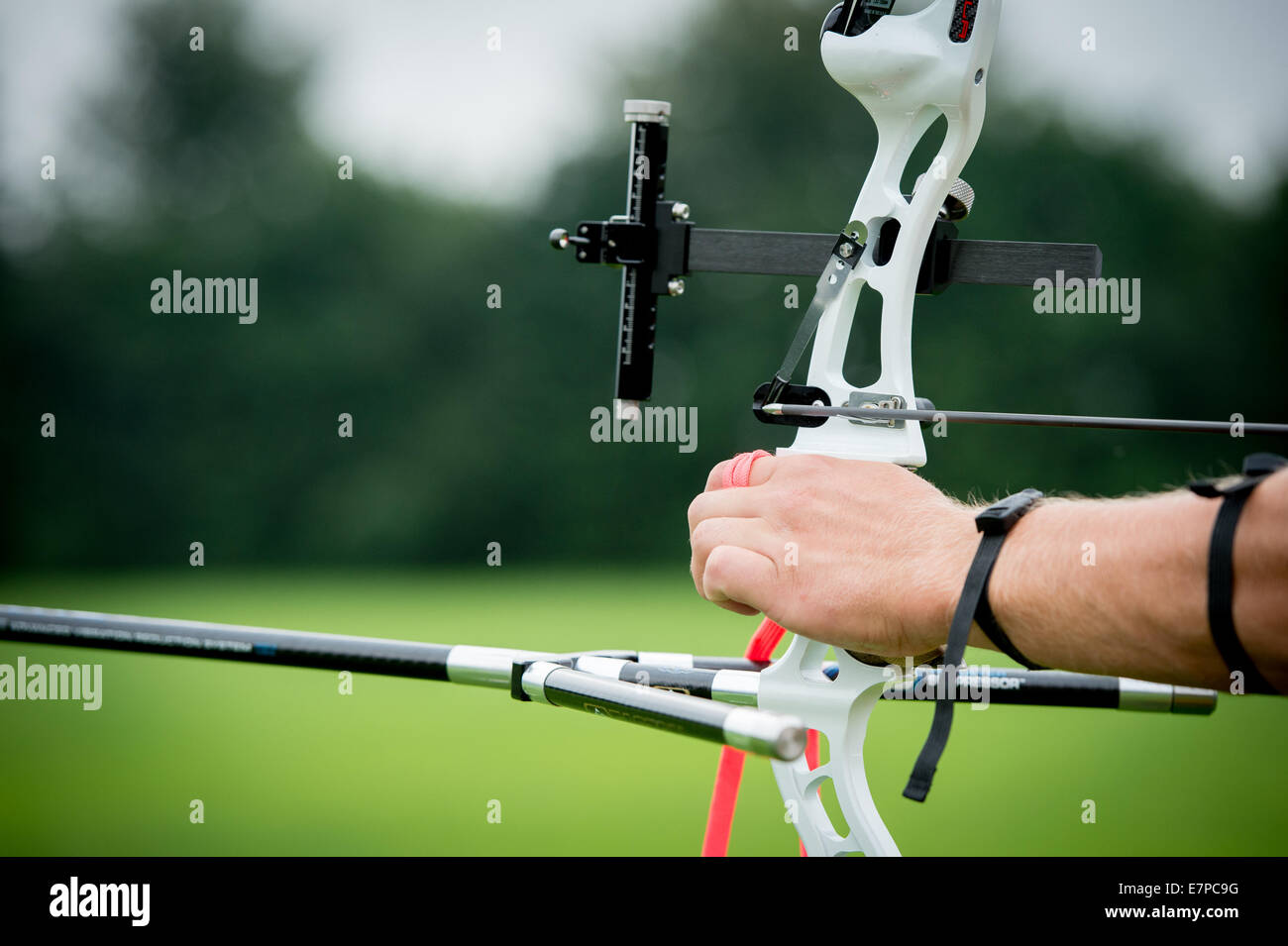 The archer put the arrow on his bow and is ready to shoot the arrow