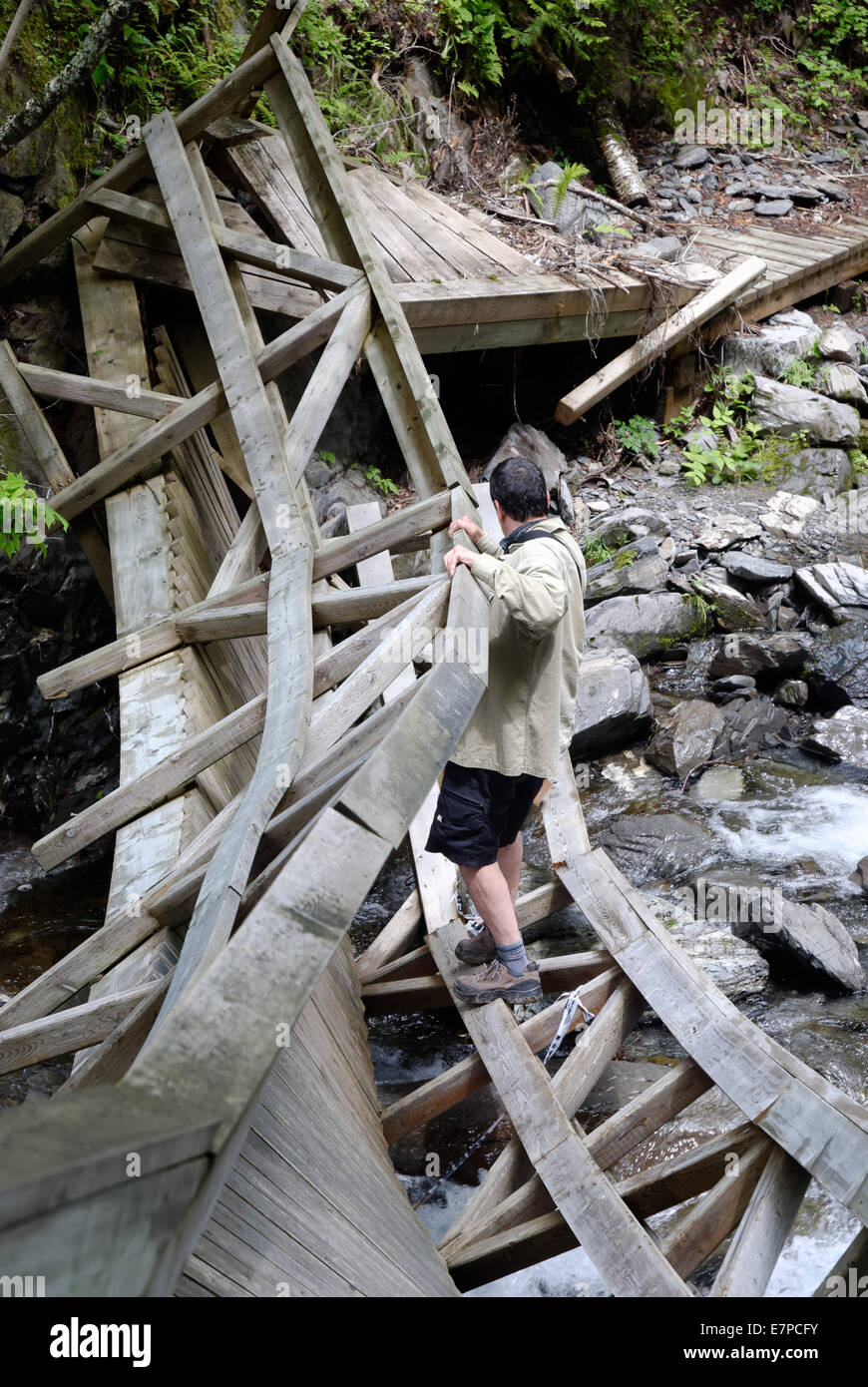A man crossing a wooden bridge destroyed by floodwater in the river, Gaspesie, Quebec, Canada Stock Photo