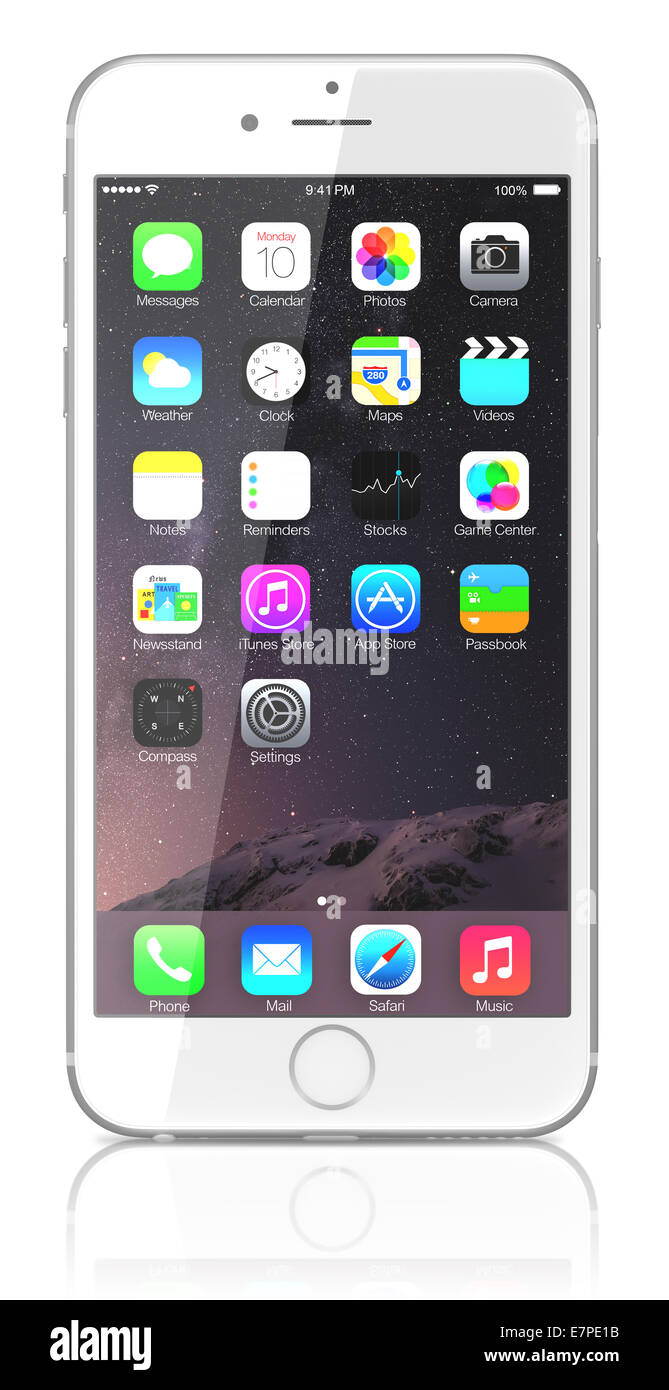 Apple Silver iPhone 6 Plus showing the home screen with iOS 8 Stock Photo