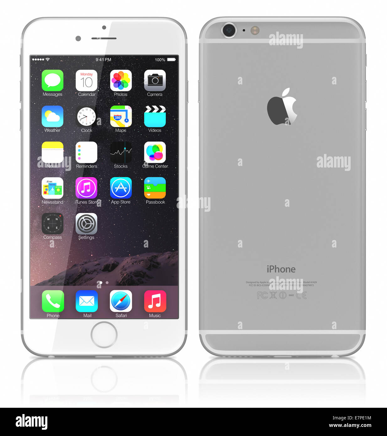 Apple Silver iPhone 6 Plus showing the home screen with iOS 8 and view back of iPhone. Stock Photo