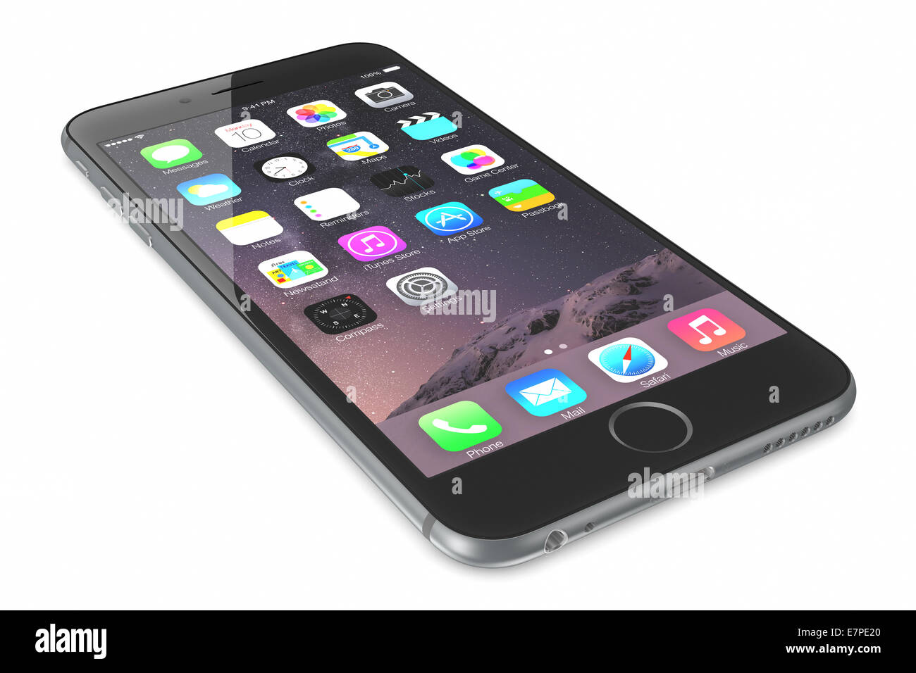 Apple Space Gray iPhone 6 Plus showing the home screen with iOS 8 Stock Photo